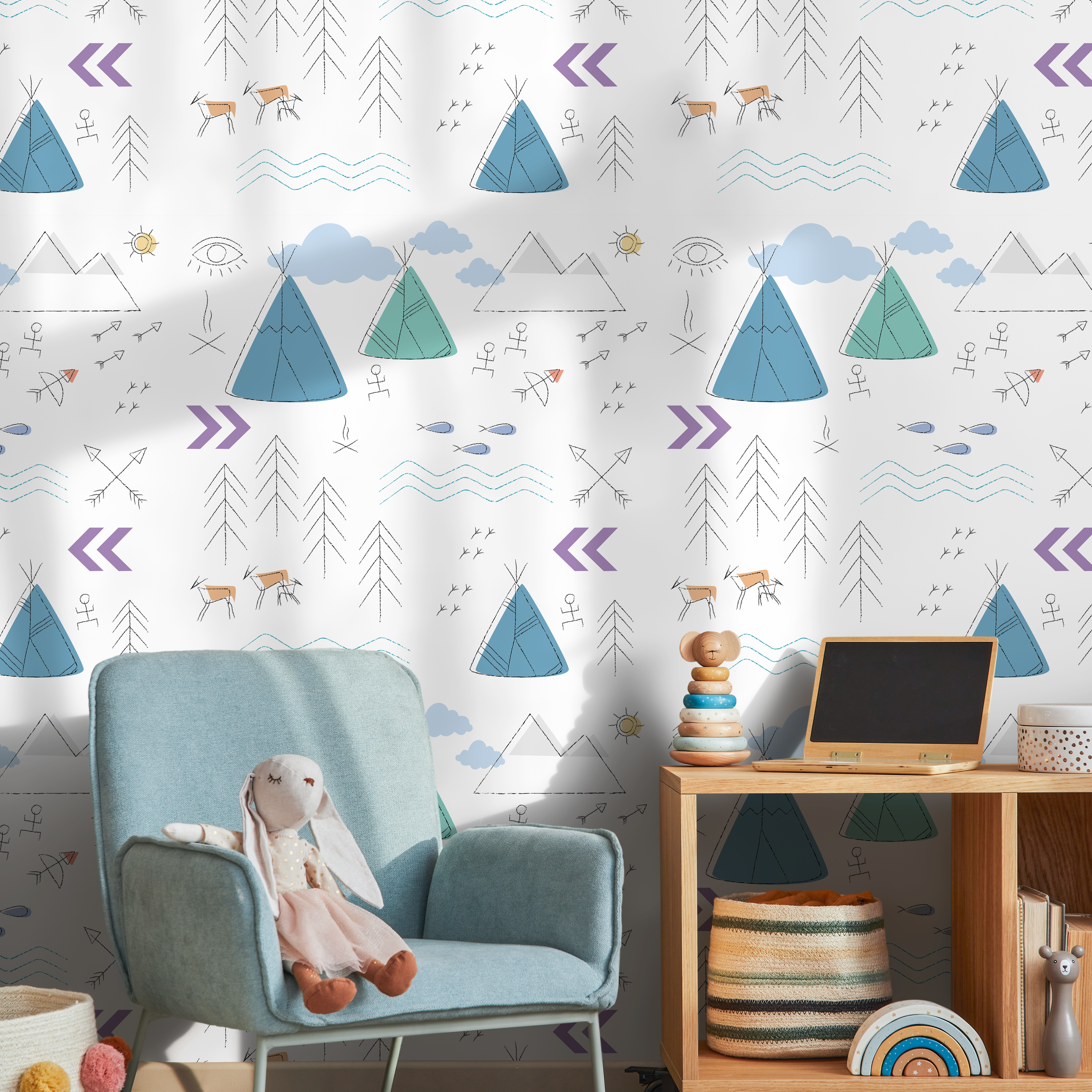 Scandinavian Wallpaper With A Teepee And Mountain Motif In Blue And Teal - A045
