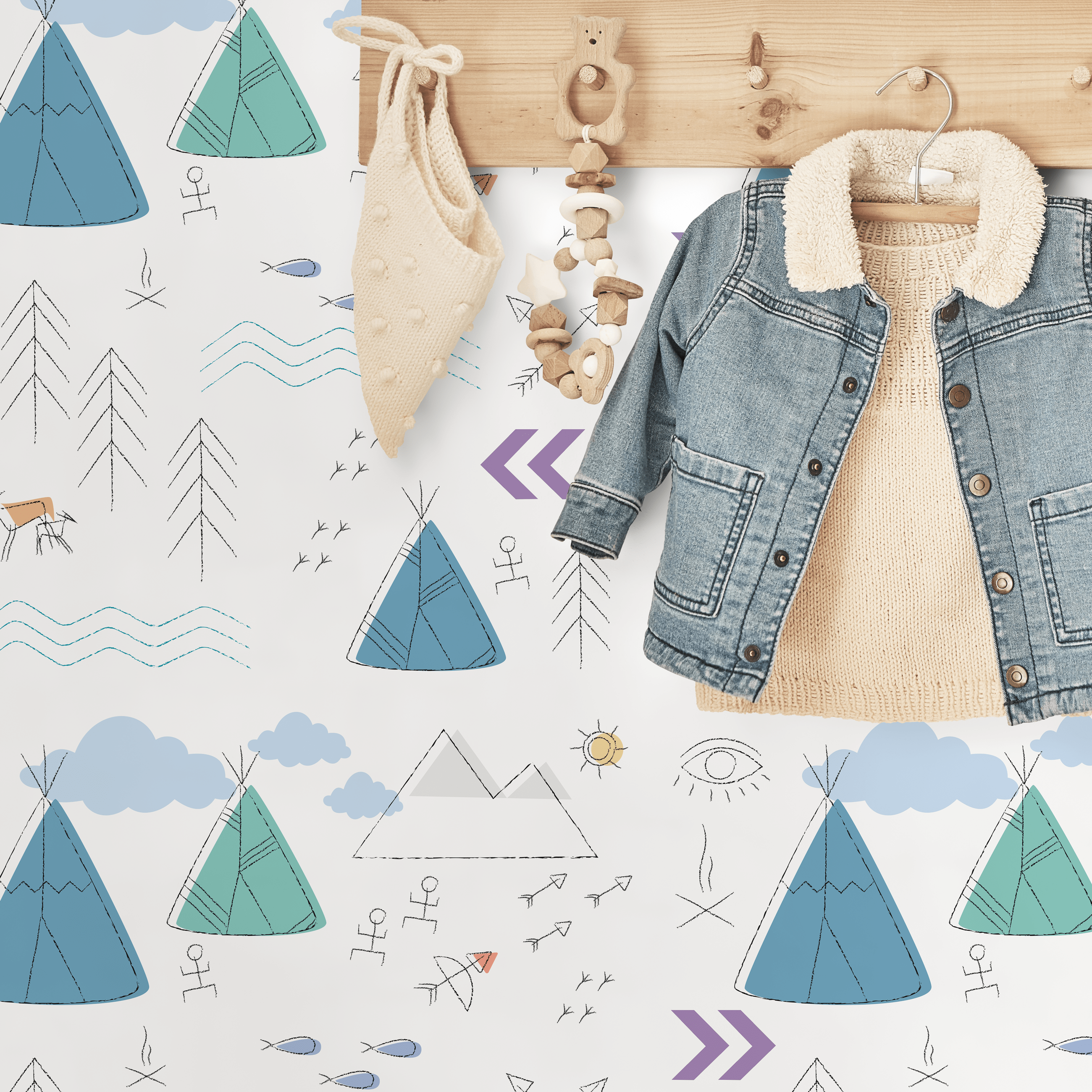 Scandinavian Wallpaper With A Teepee And Mountain Motif In Blue And Teal - A045