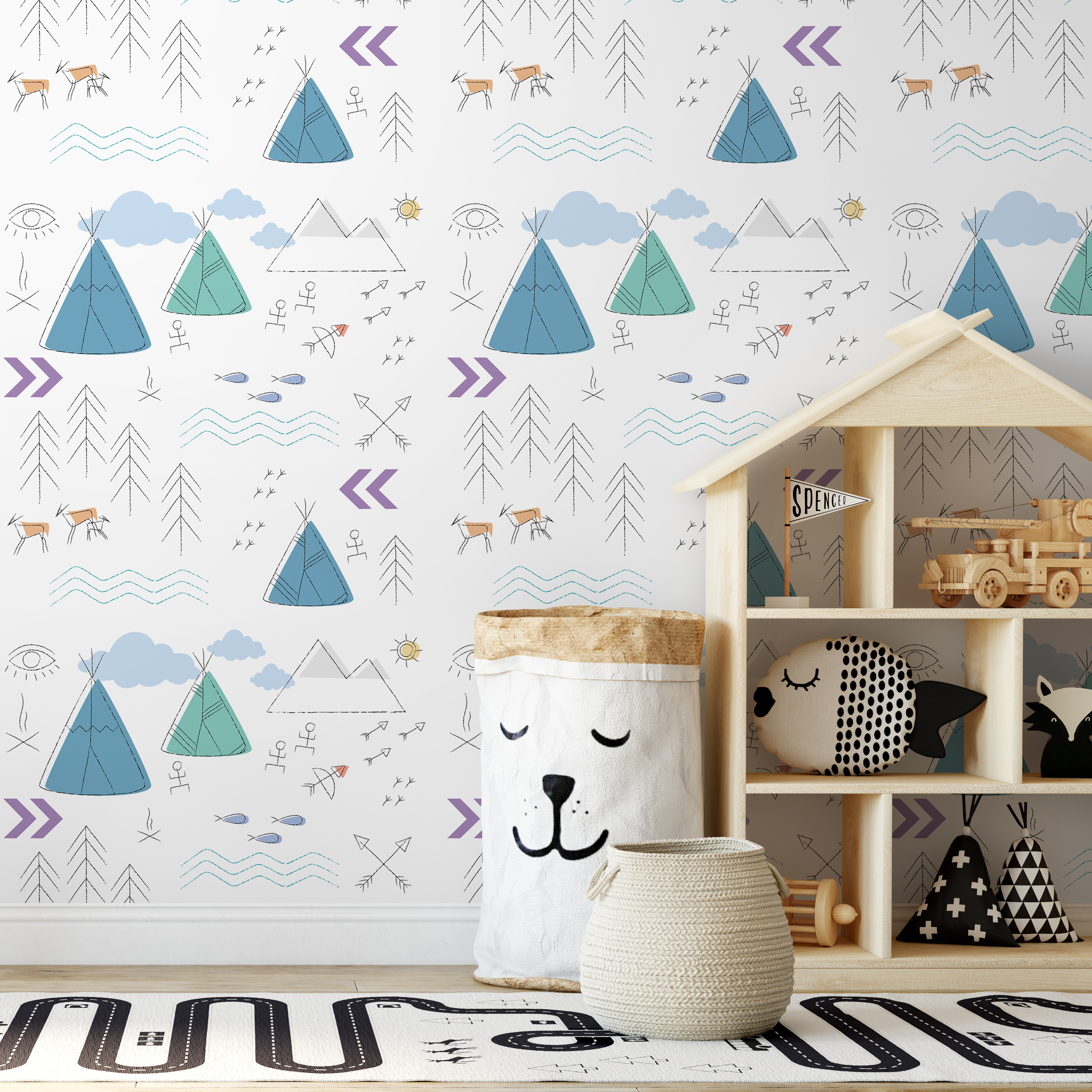 Scandinavian Wallpaper With A Teepee And Mountain Motif In Blue And Teal - A045