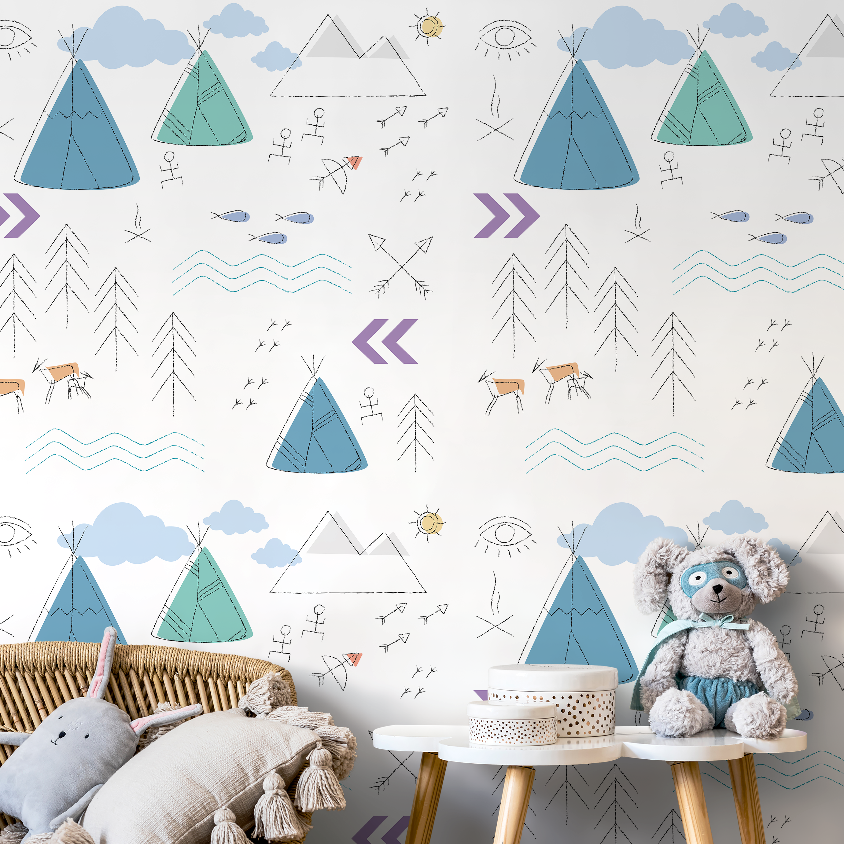 Scandinavian Wallpaper With A Teepee And Mountain Motif In Blue And Teal - A045