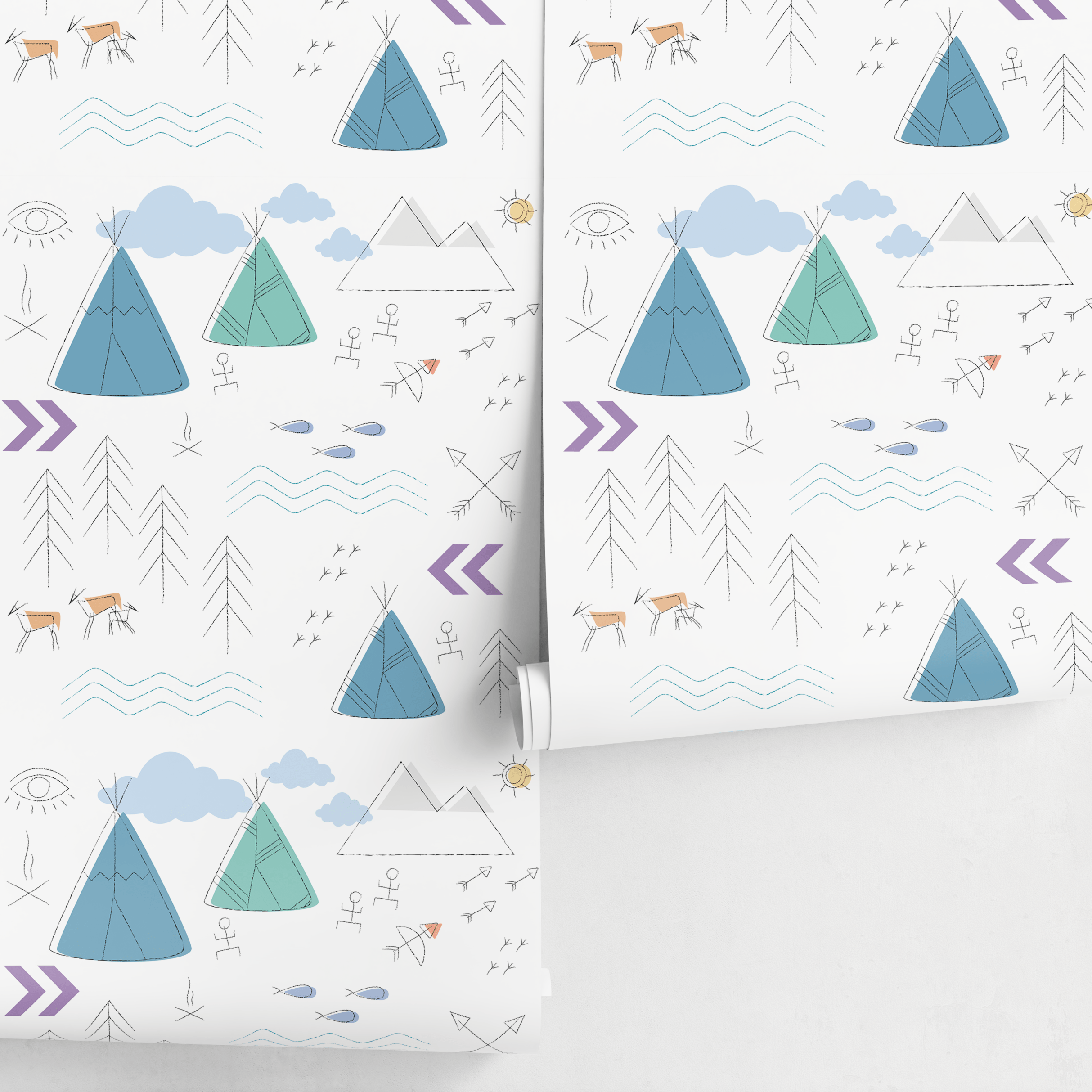 Scandinavian Wallpaper With A Teepee And Mountain Motif In Blue And Teal - A045