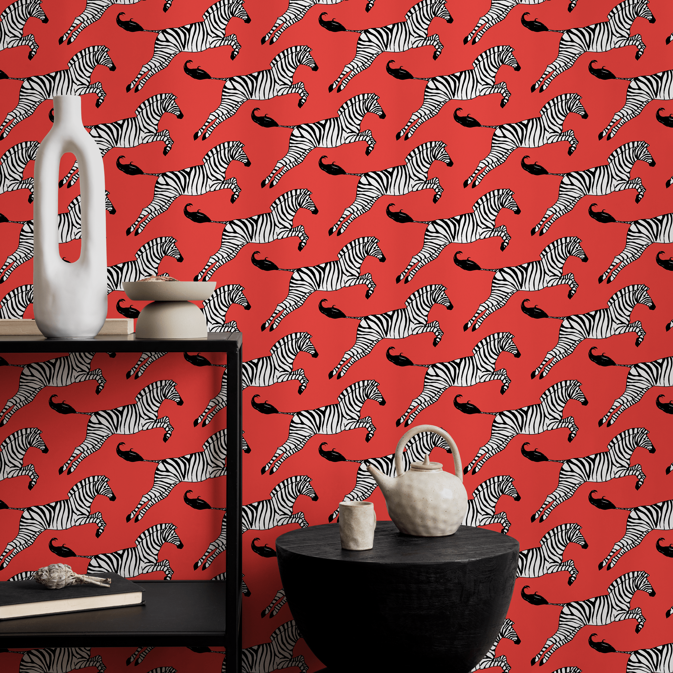 Animal Wallpaper With A Leaping Zebra Motif In Red, Black, And White - A050