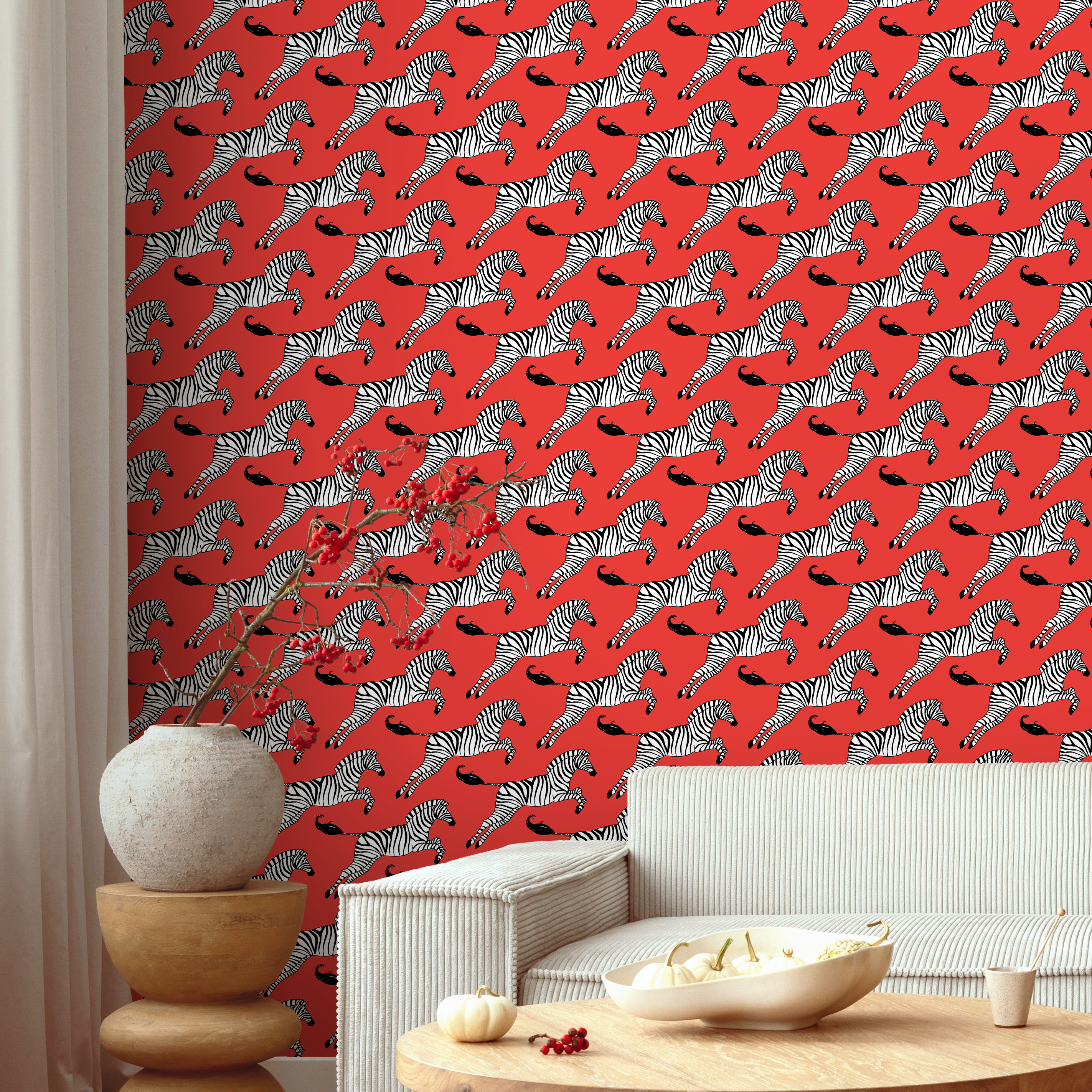 Animal Wallpaper With A Leaping Zebra Motif In Red, Black, And White - A050