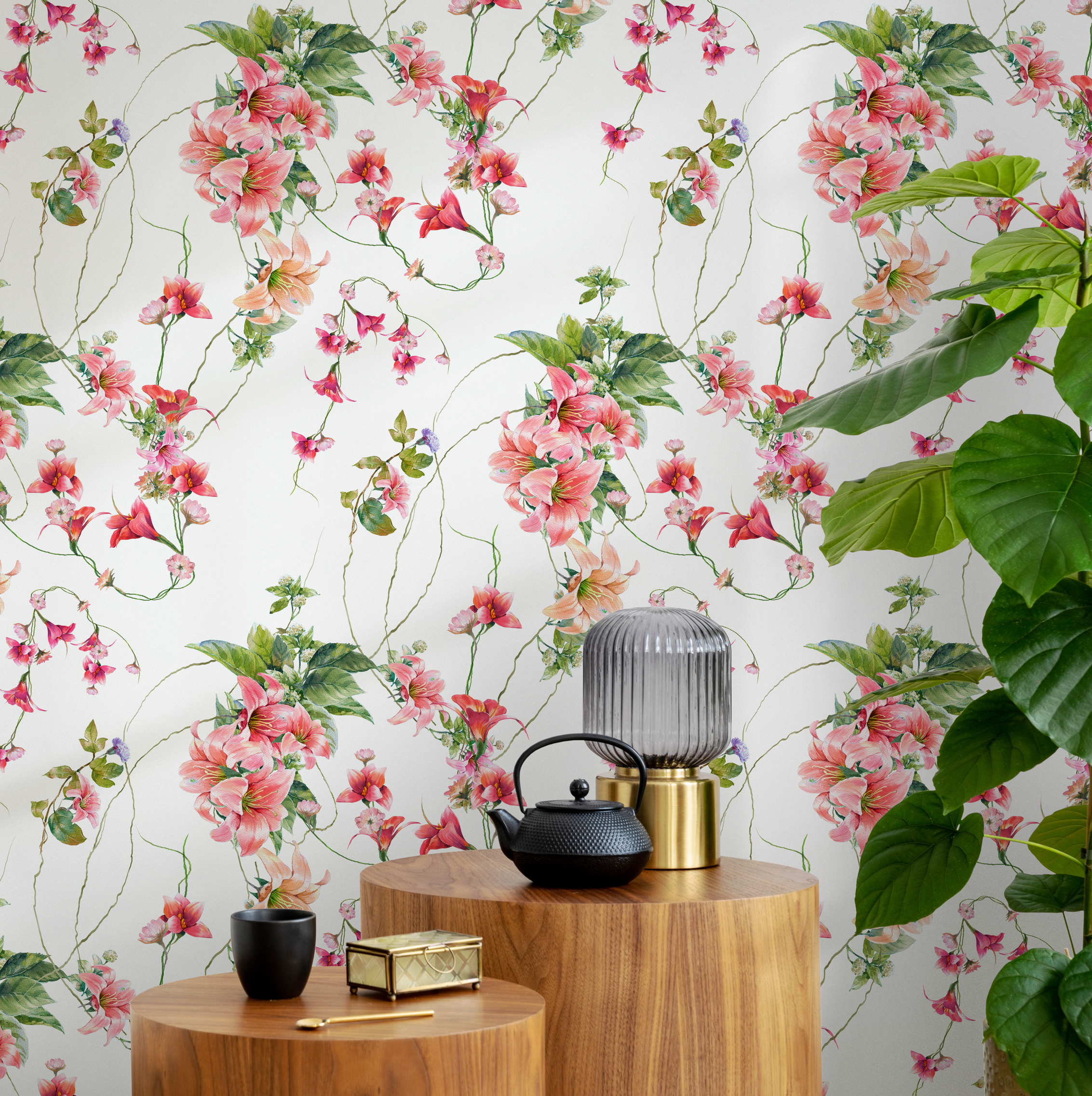 Floral Wallpaper With Trailing Sweet Pea Vines In Pink, Red, And Green - A060