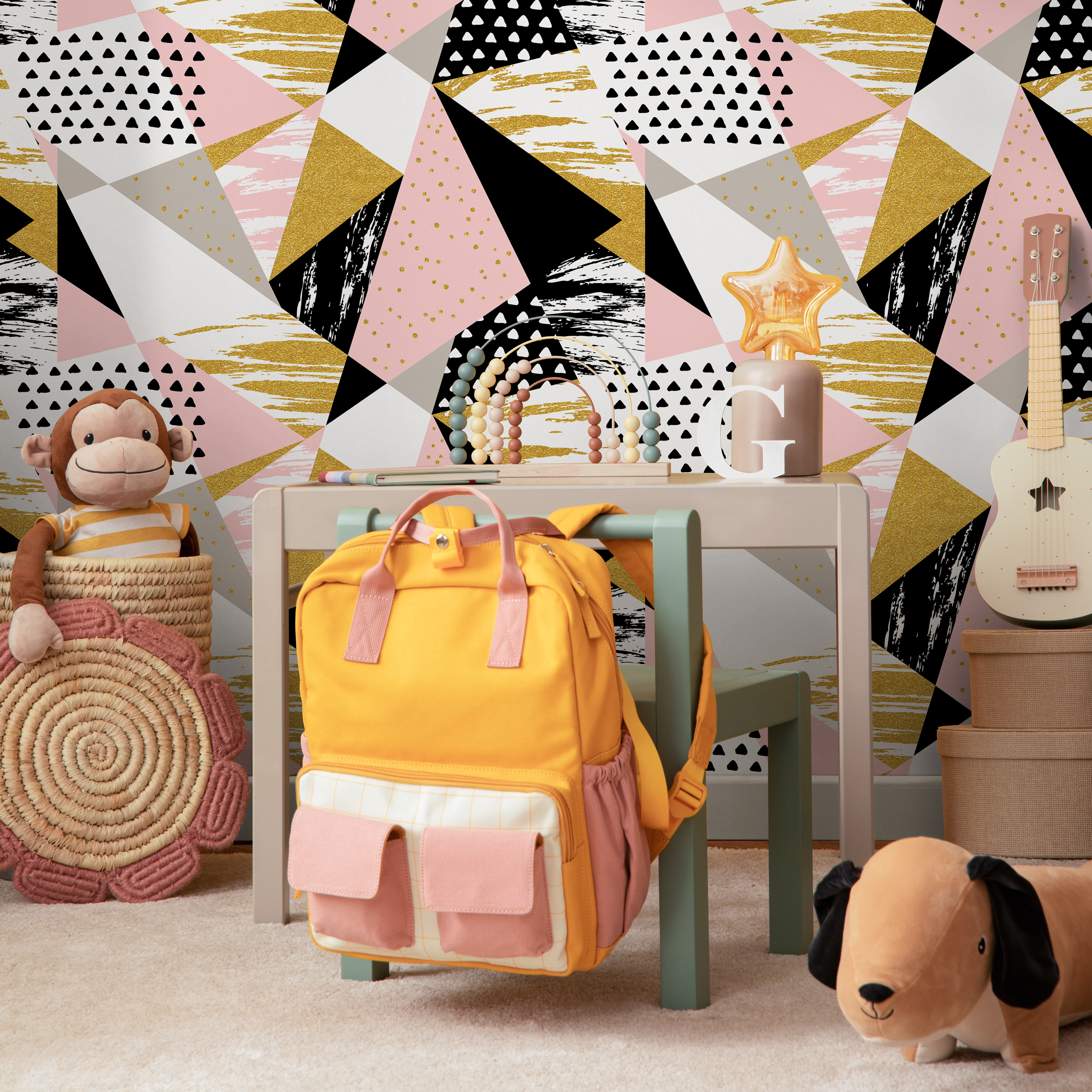 Geometric Wallpaper With A Textured Triangle Collage In Pink, Gold, And Black - A073