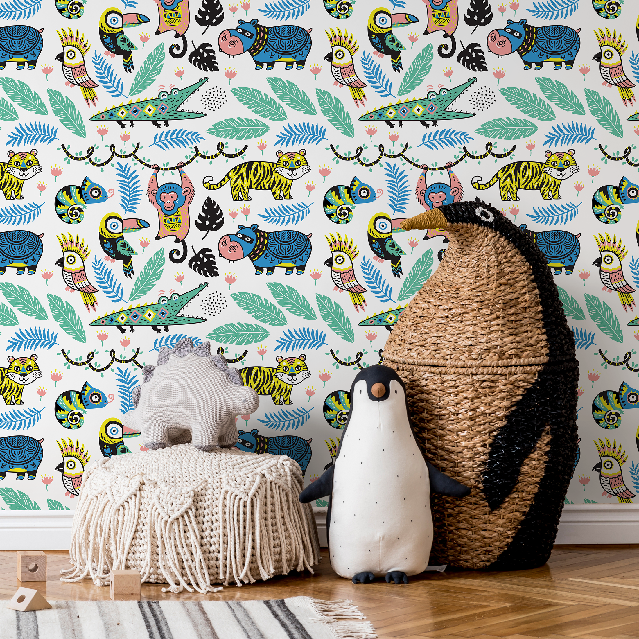 Jungle Wallpaper Featuring Cartoon Jungle Animals In Yellow, Blue, And Green - A095