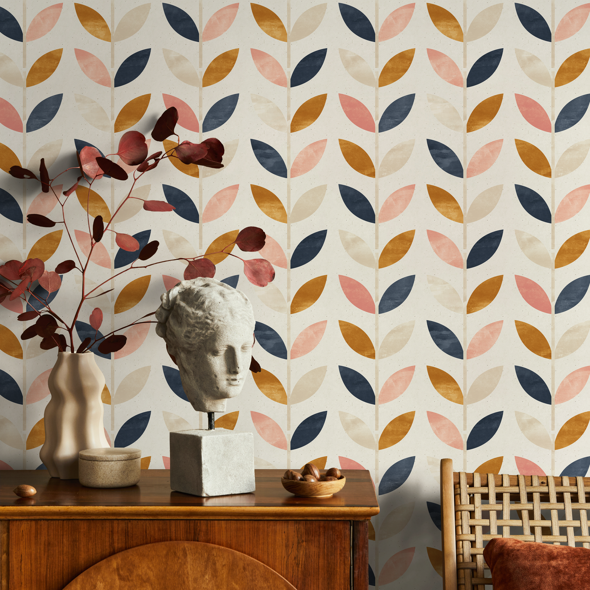 Scandinavian Wallpaper Featuring Stylized Leaves In Navy, Pink, And Ochre - A096