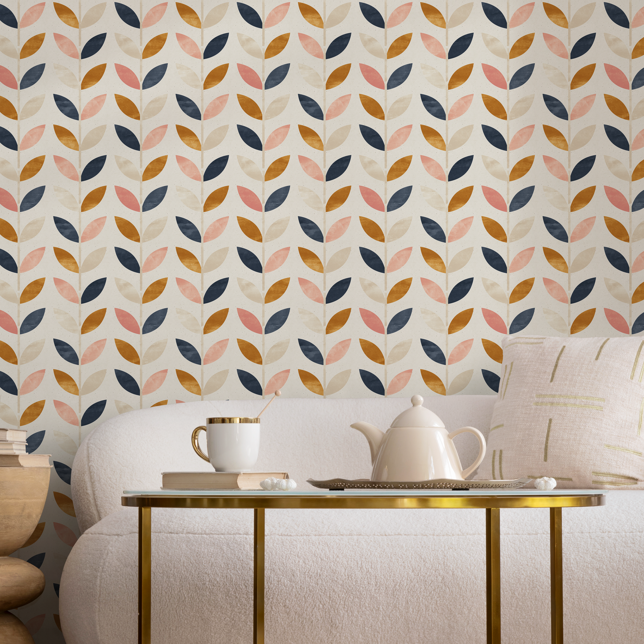 Scandinavian Wallpaper Featuring Stylized Leaves In Navy, Pink, And Ochre - A096
