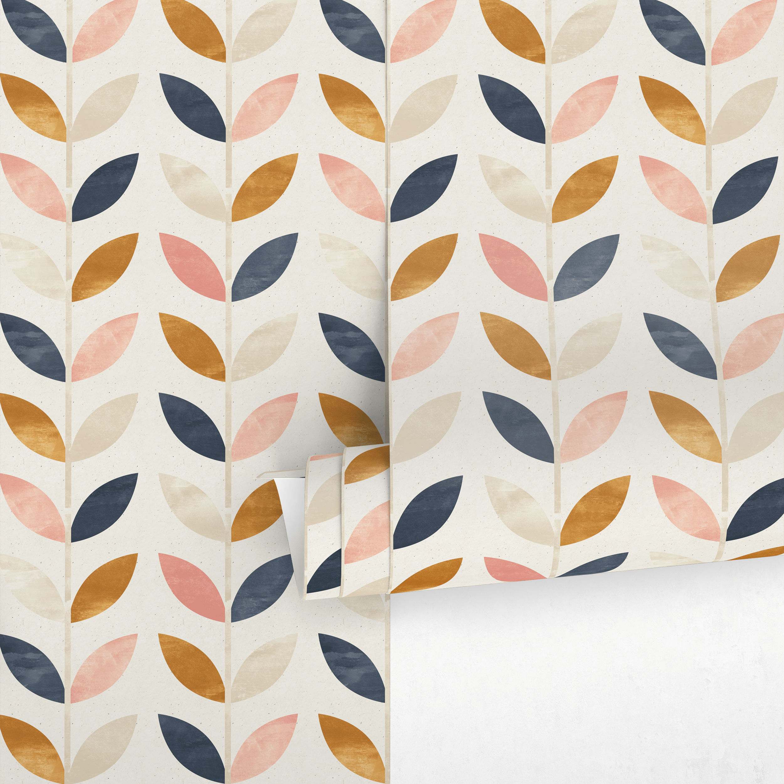 Scandinavian Wallpaper Featuring Stylized Leaves In Navy, Pink, And Ochre - A096