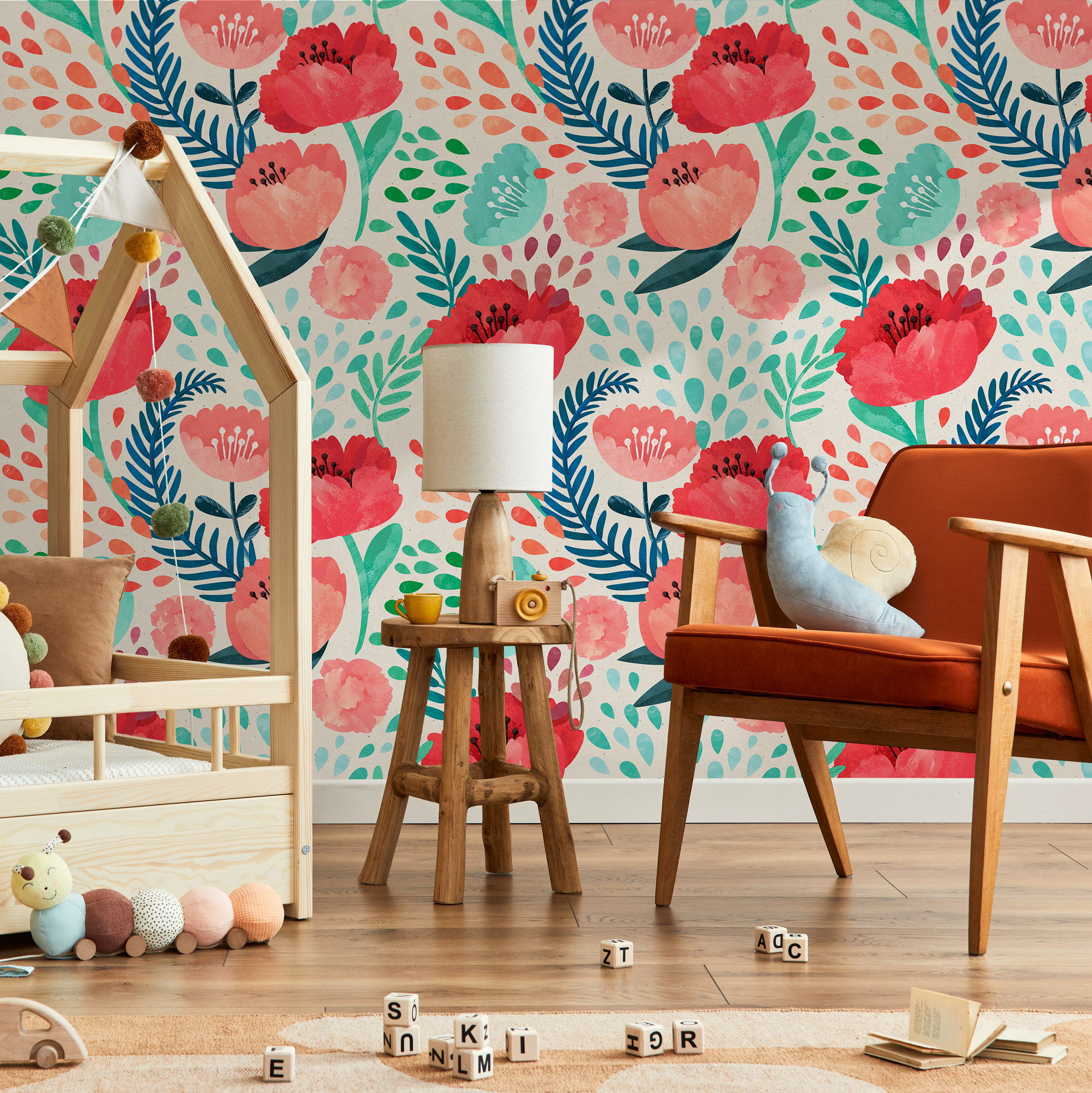 Floral Wallpaper With Watercolor Poppies And Leaves In Red, Pink, And Blue - A187