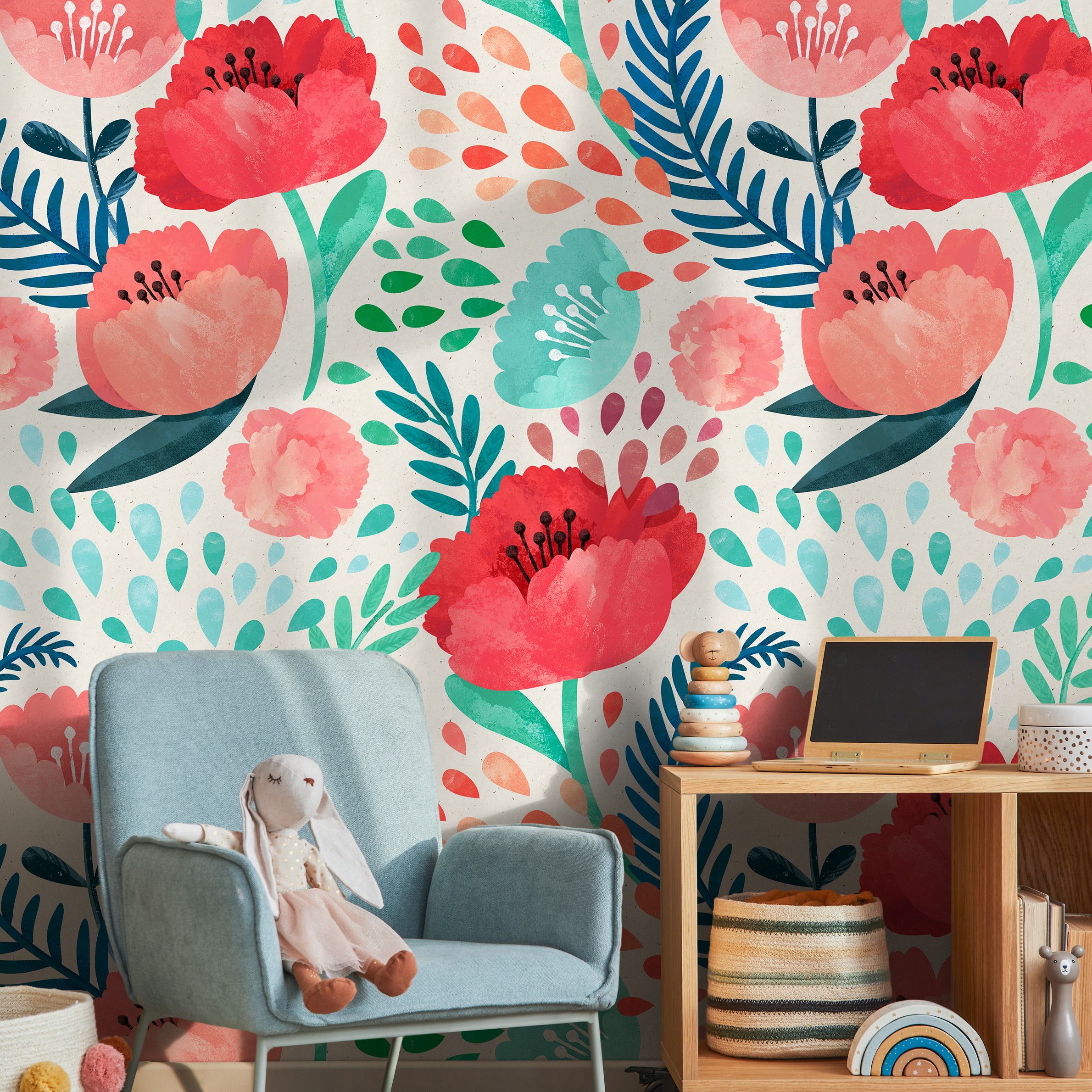 Floral Wallpaper With Watercolor Poppies And Leaves In Red, Pink, And Blue - A187