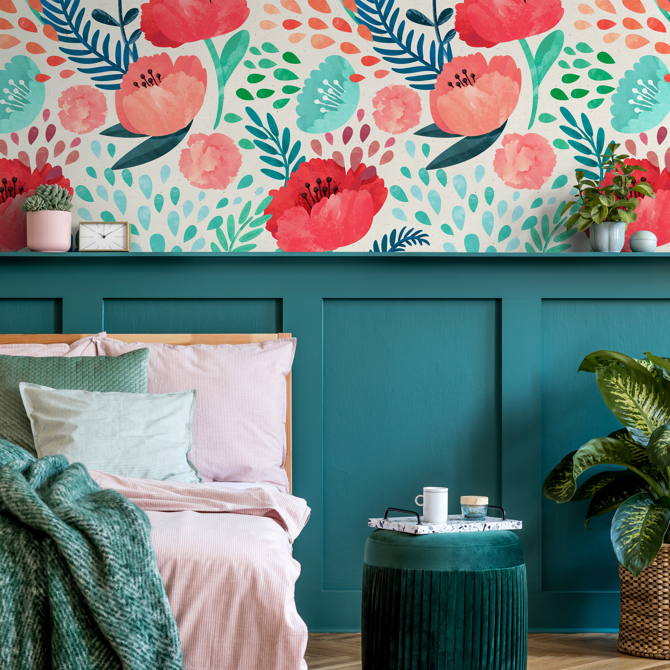 Floral Wallpaper With Watercolor Poppies And Leaves In Red, Pink, And Blue - A187