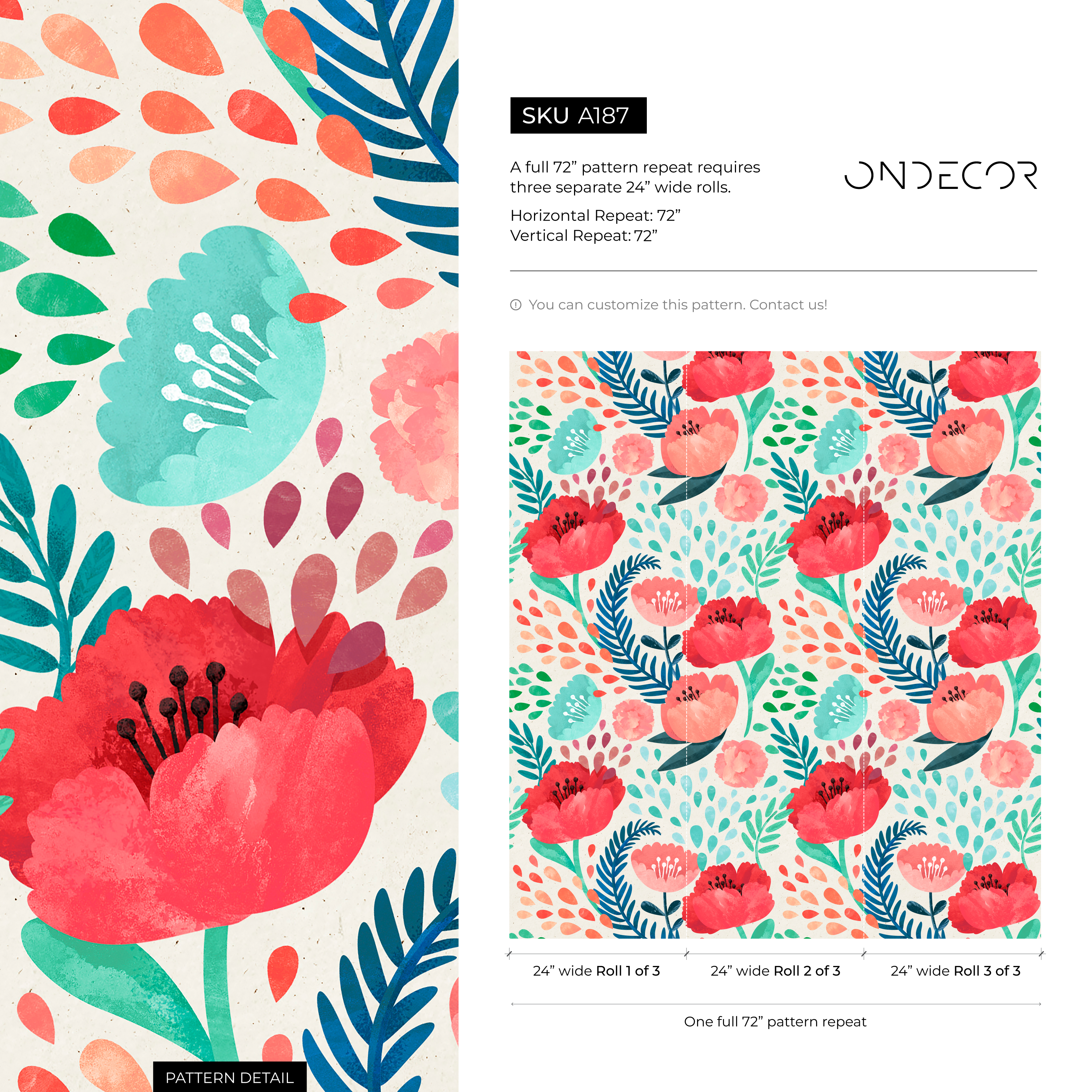 Floral Wallpaper With Watercolor Poppies And Leaves In Red, Pink, And Blue - A187