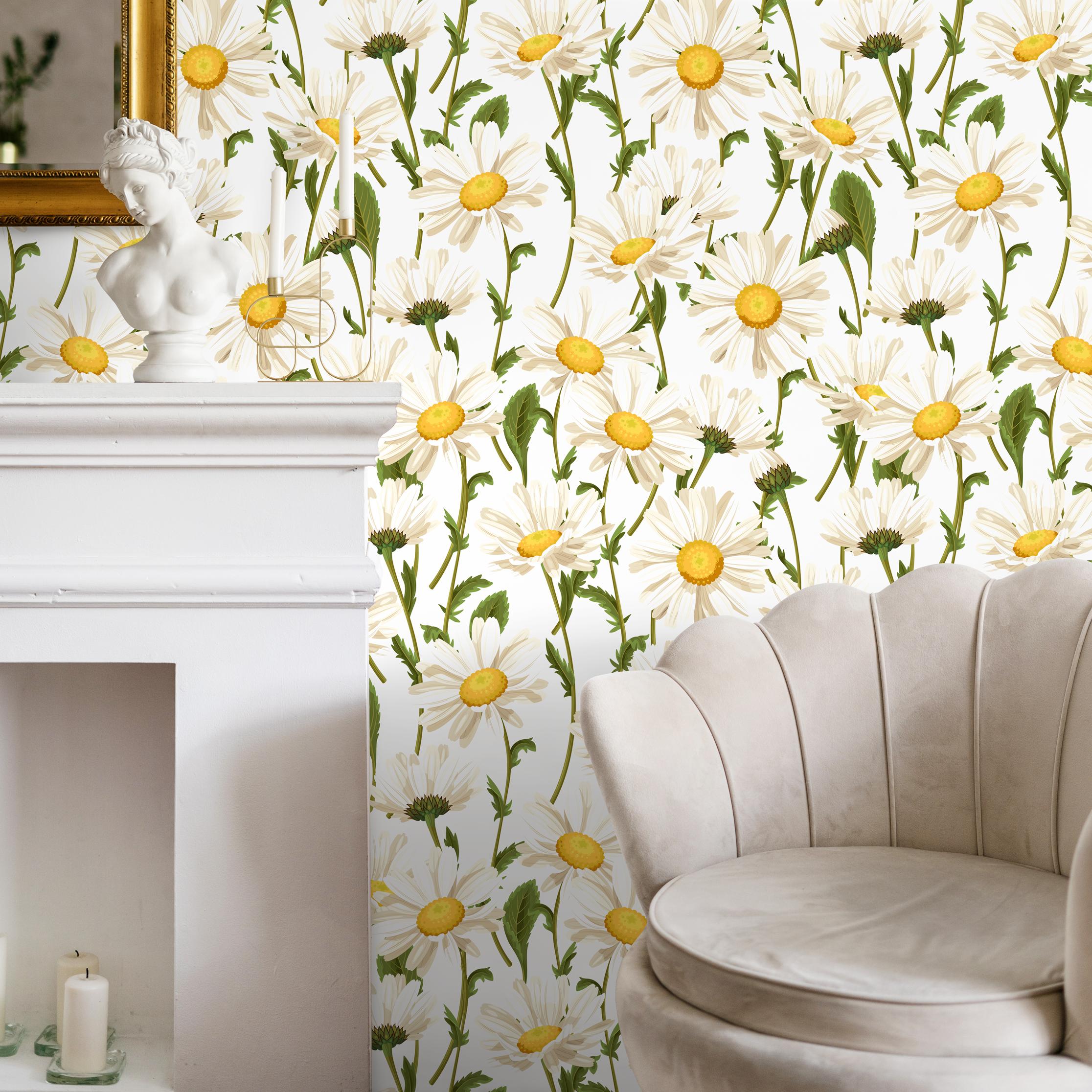 Floral Wallpaper Featuring A Classic Daisy Pattern In White, Yellow, And Green - A209