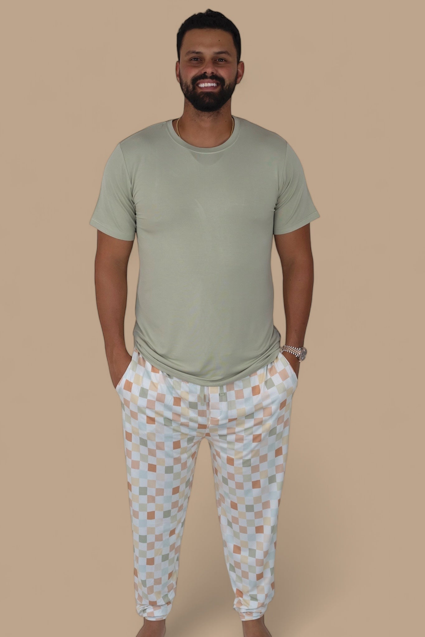 Muted Checkers Short Sleeve Men's Dream Jogger Set