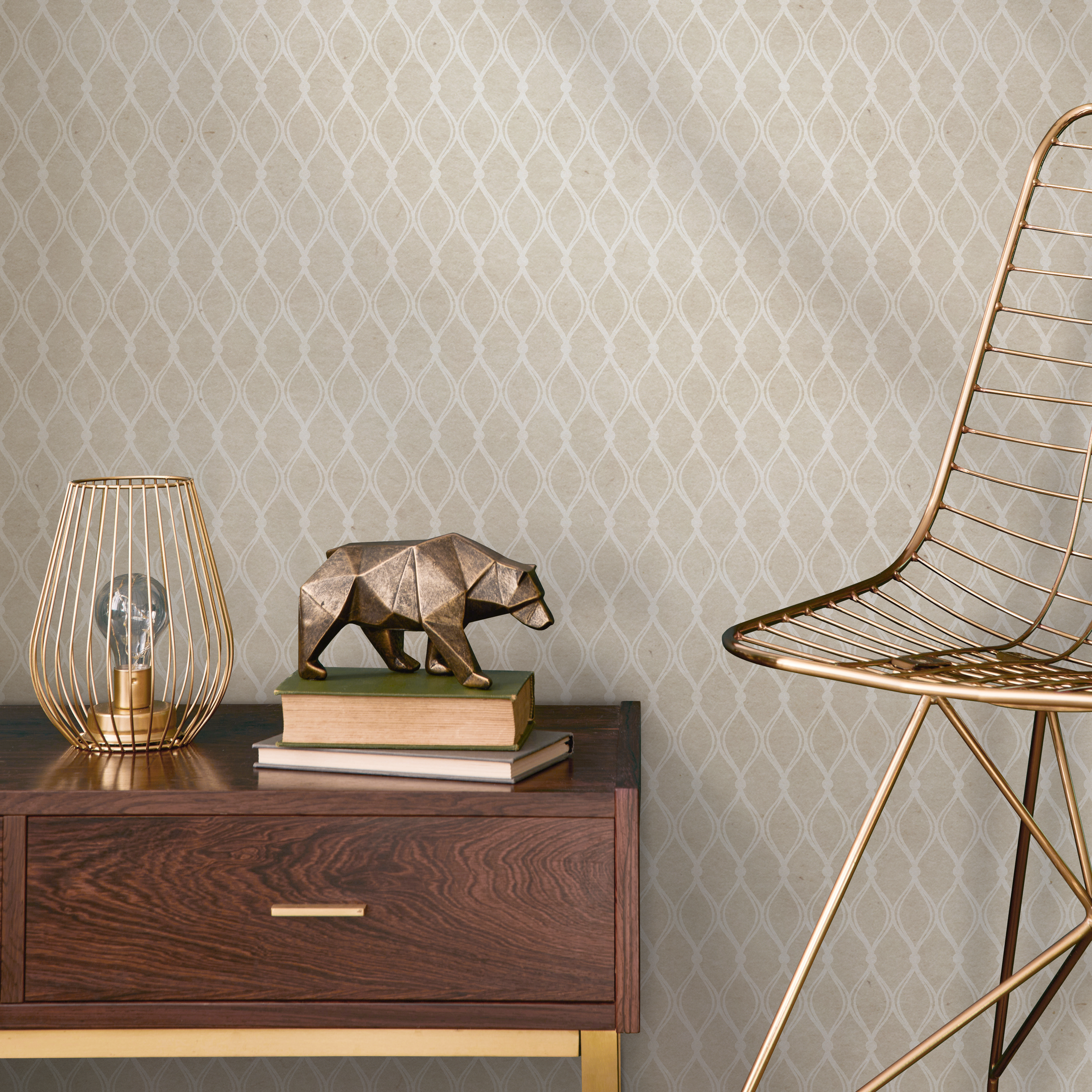 Geometric Wallpaper With A Wavy Trellis Motif In Beige And Cream - A295
