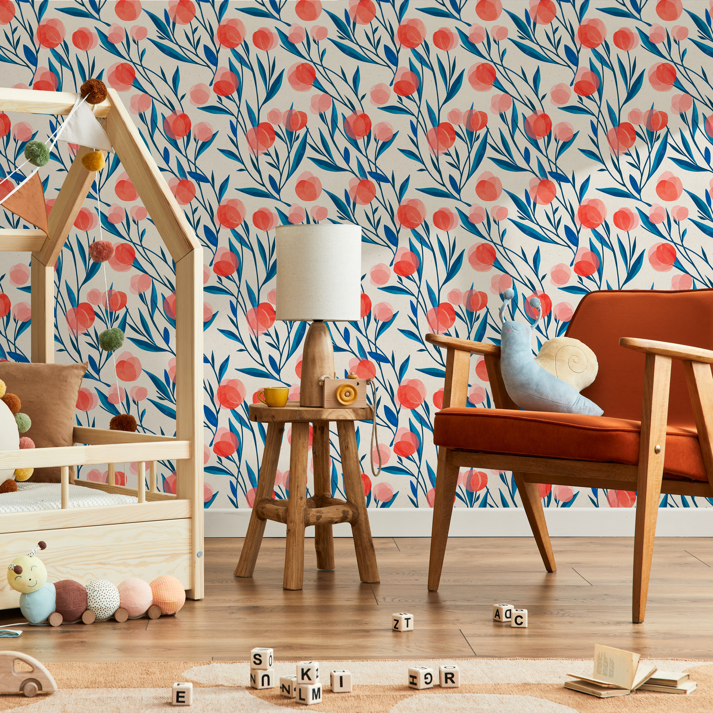 Floral Wallpaper Featuring Stylized Flower Buds In Red And Blue - A323