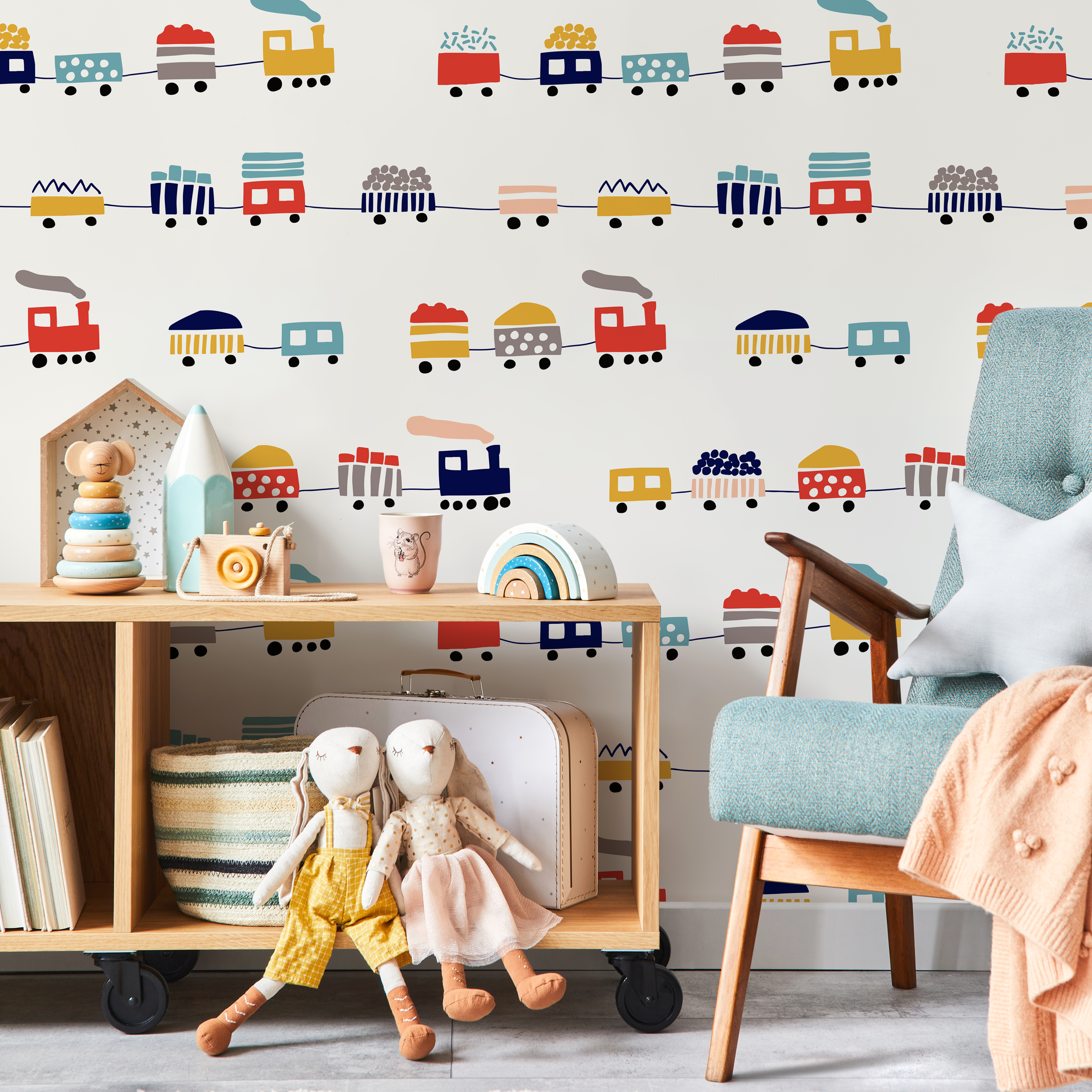 Kids Wallpaper With A Minimalist Toy Train Motif In Red, Yellow, And Blue - A328