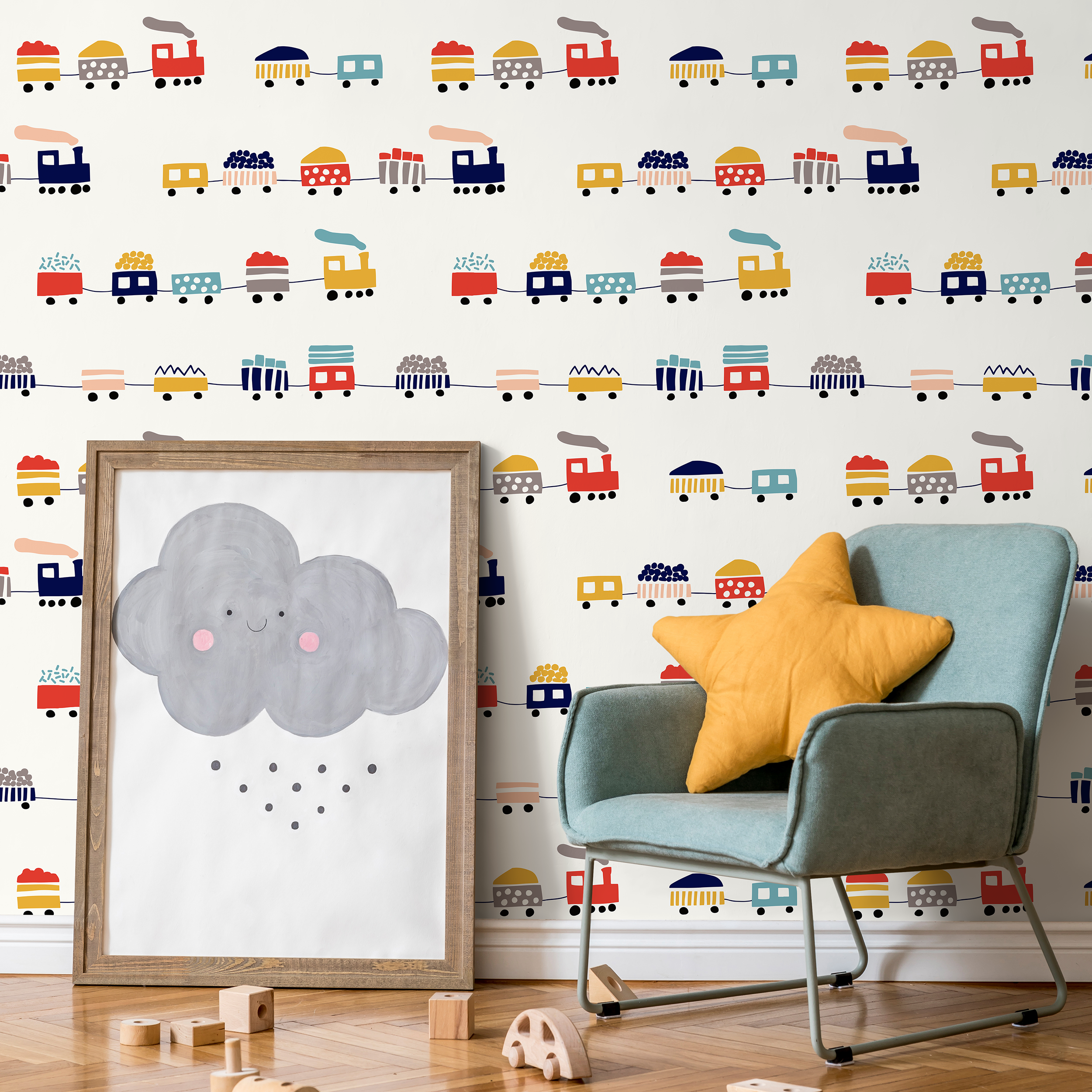 Kids Wallpaper With A Minimalist Toy Train Motif In Red, Yellow, And Blue - A328