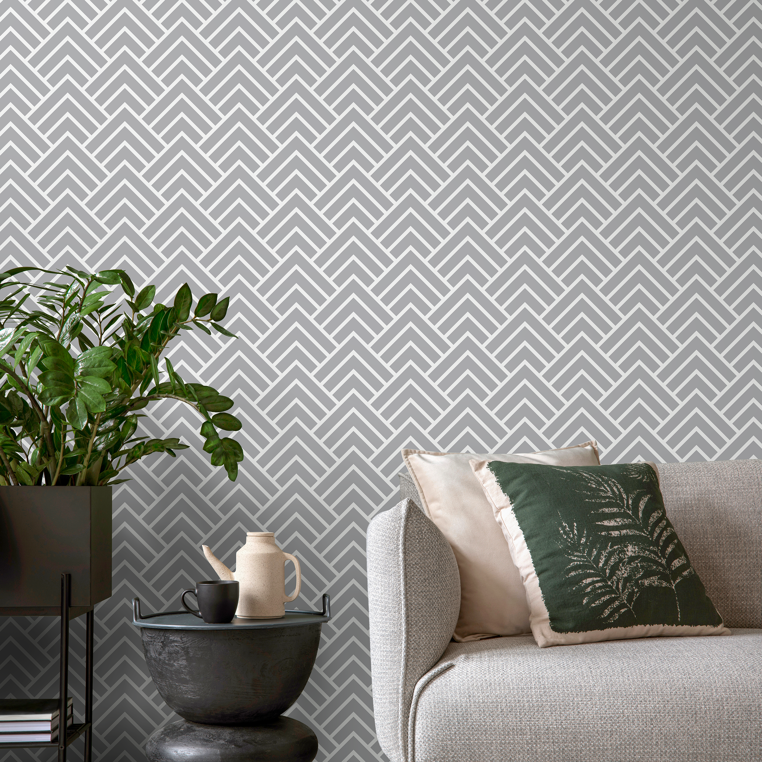 Geometric Wallpaper With A Scandinavian Chevron Motif In Light Gray And White - A329