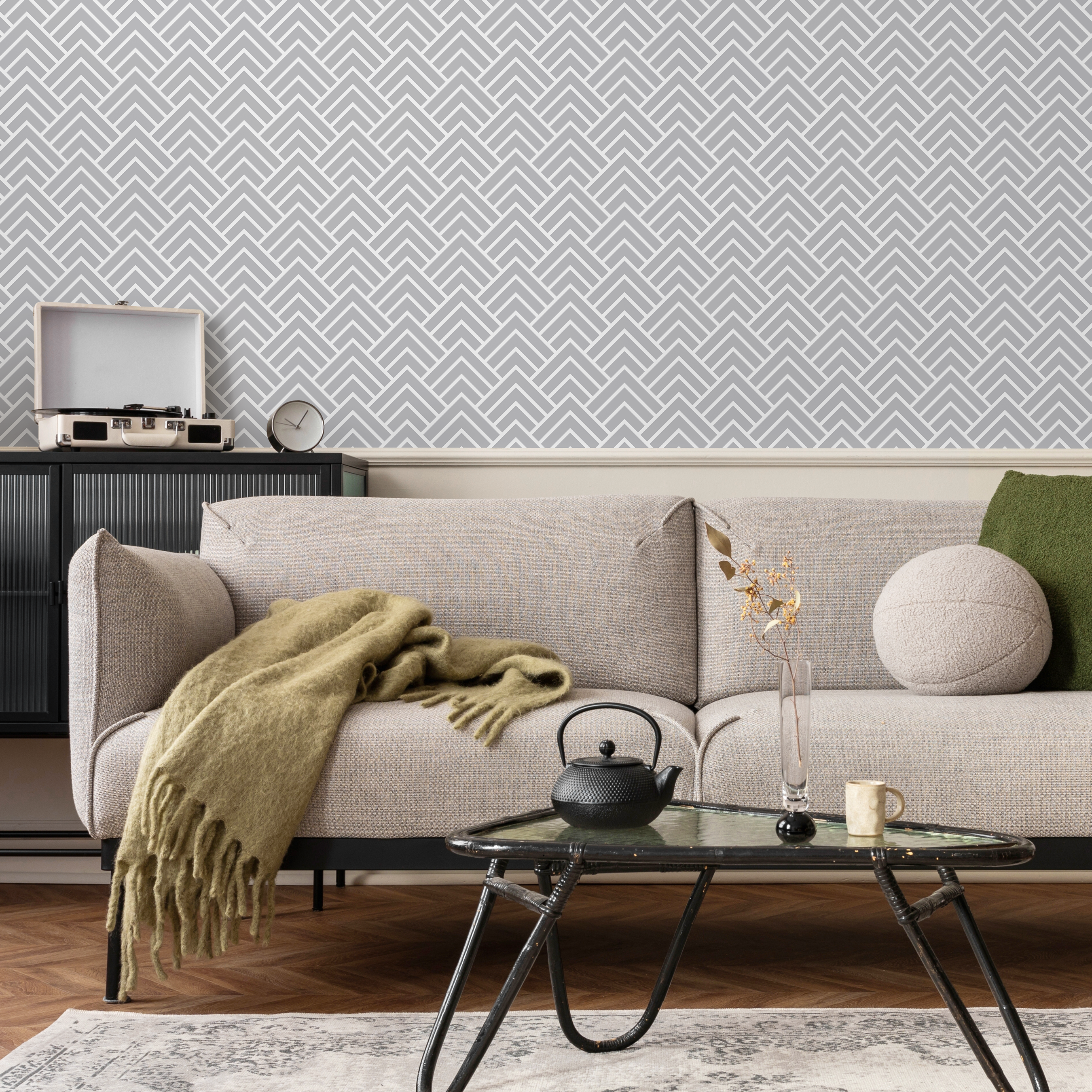 Geometric Wallpaper With A Scandinavian Chevron Motif In Light Gray And White - A329