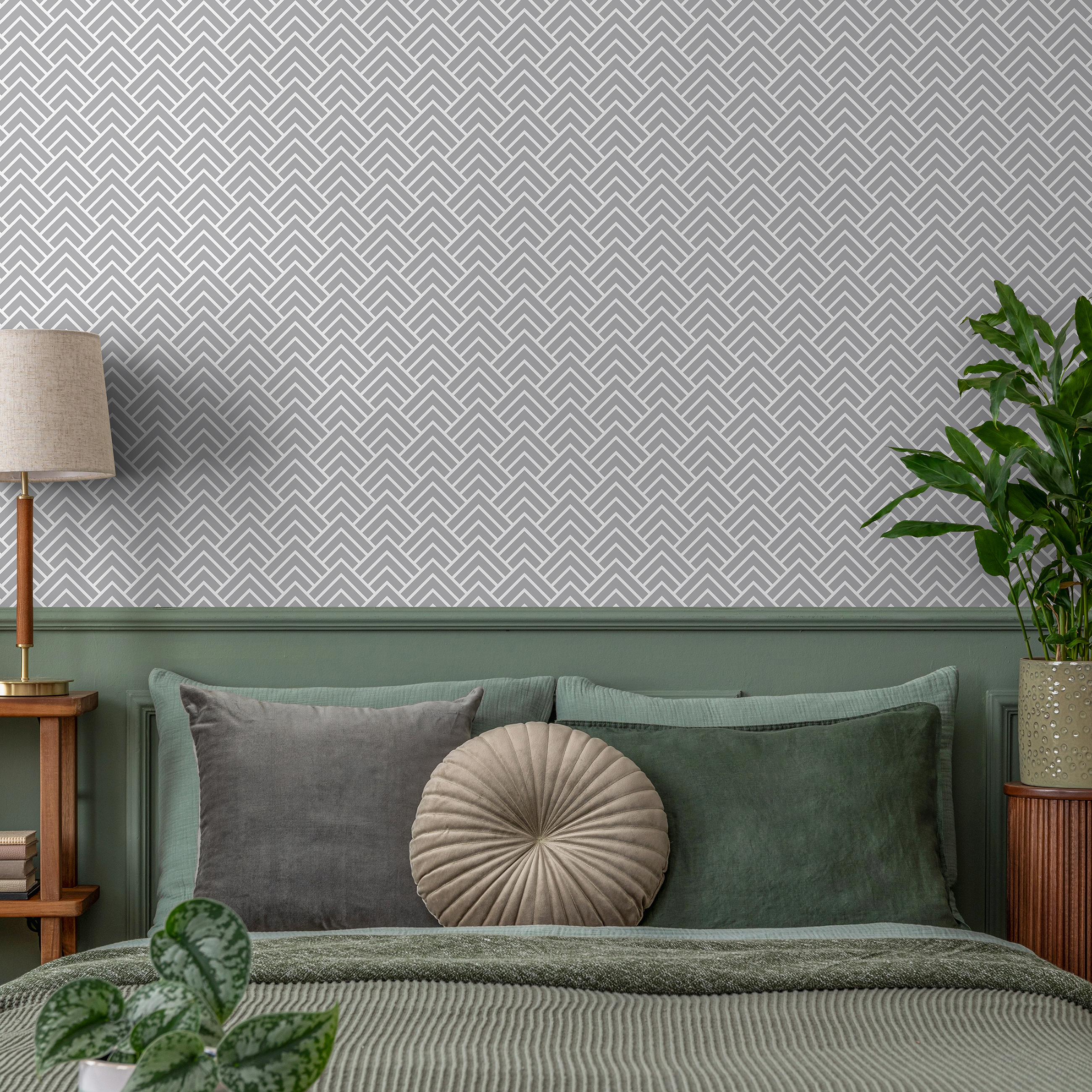 Geometric Wallpaper With A Scandinavian Chevron Motif In Light Gray And White - A329