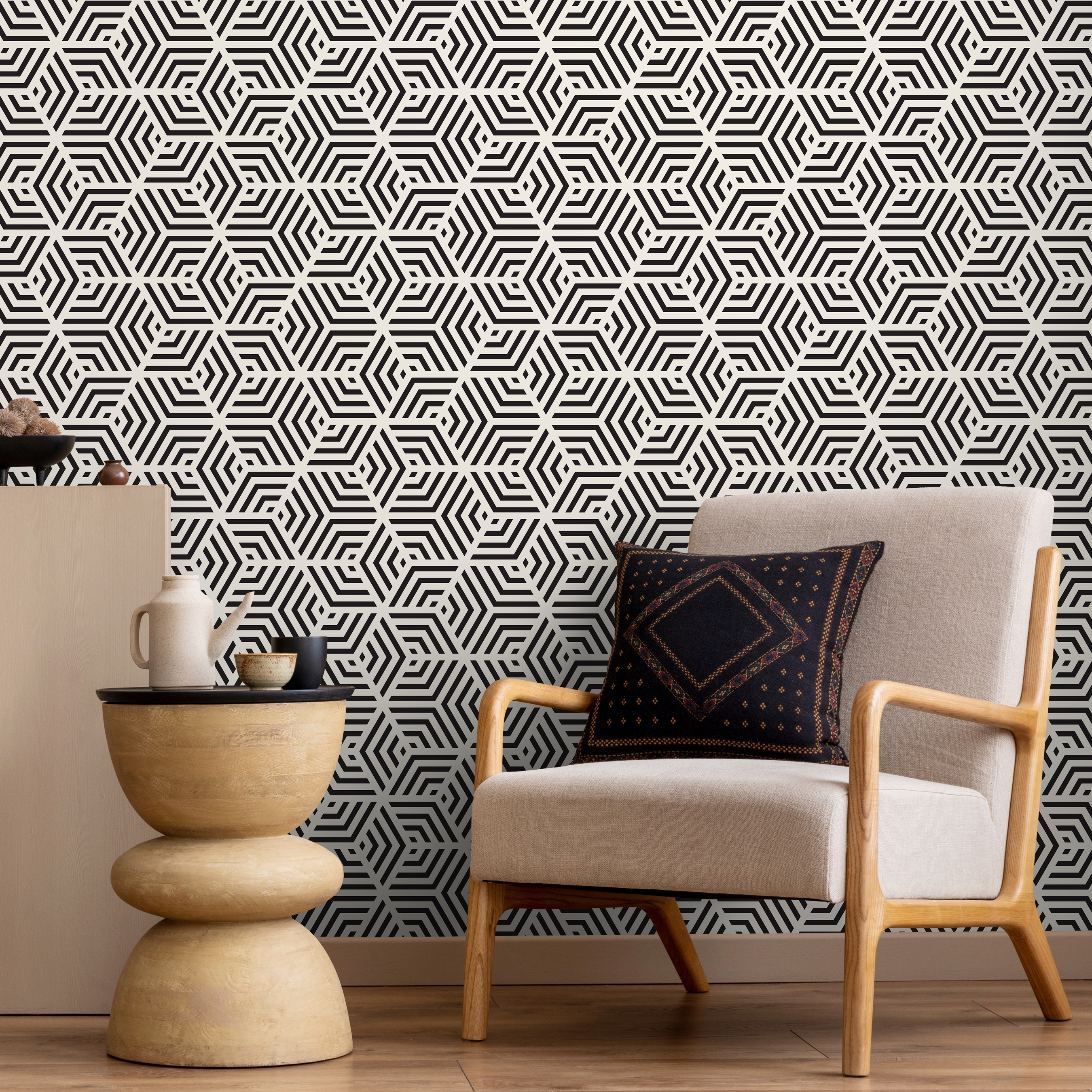 Geometric Wallpaper With A 3d Cube Motif In Black And Cream - A331