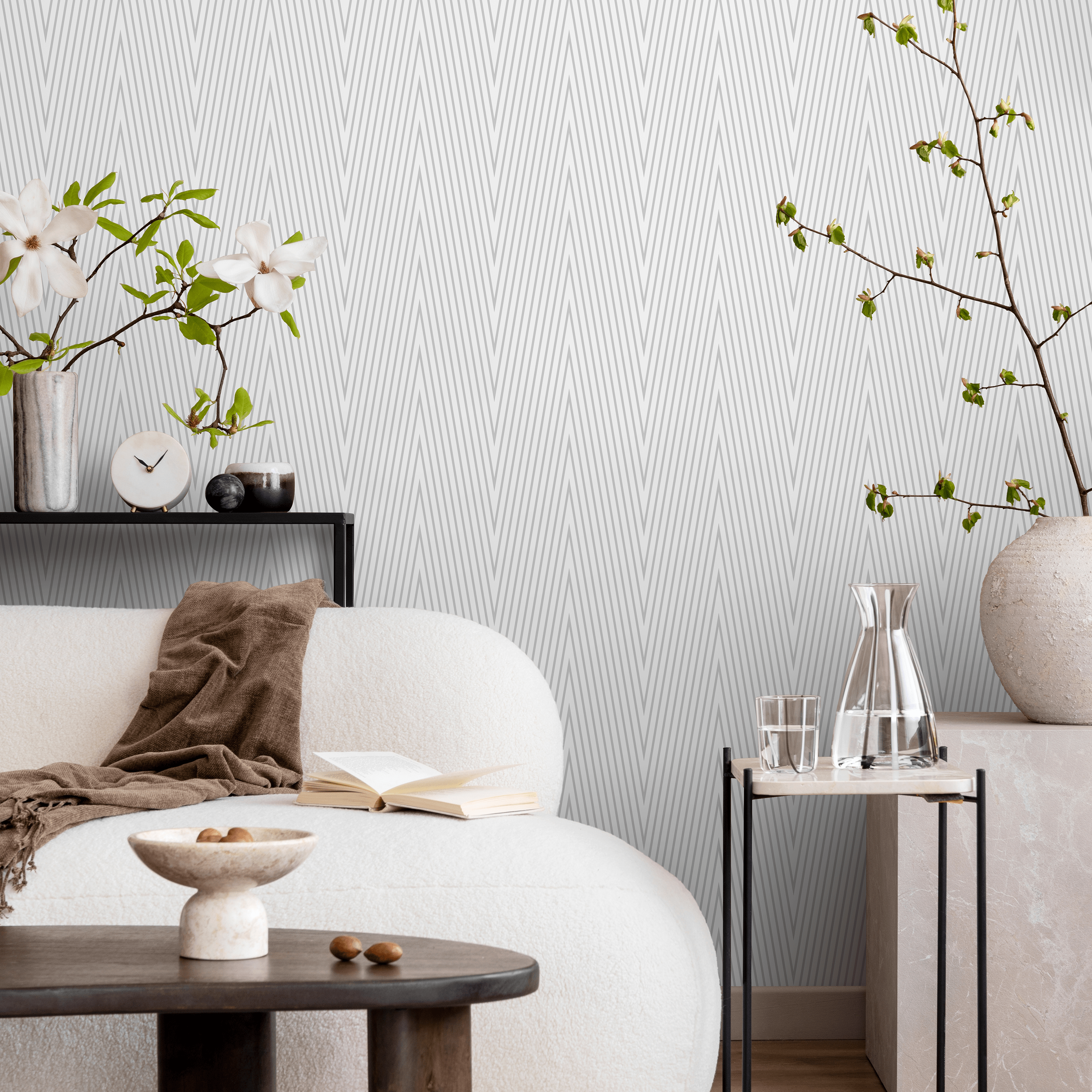 Geometric Wallpaper With A Thin Line Chevron Motif In Gray - A332