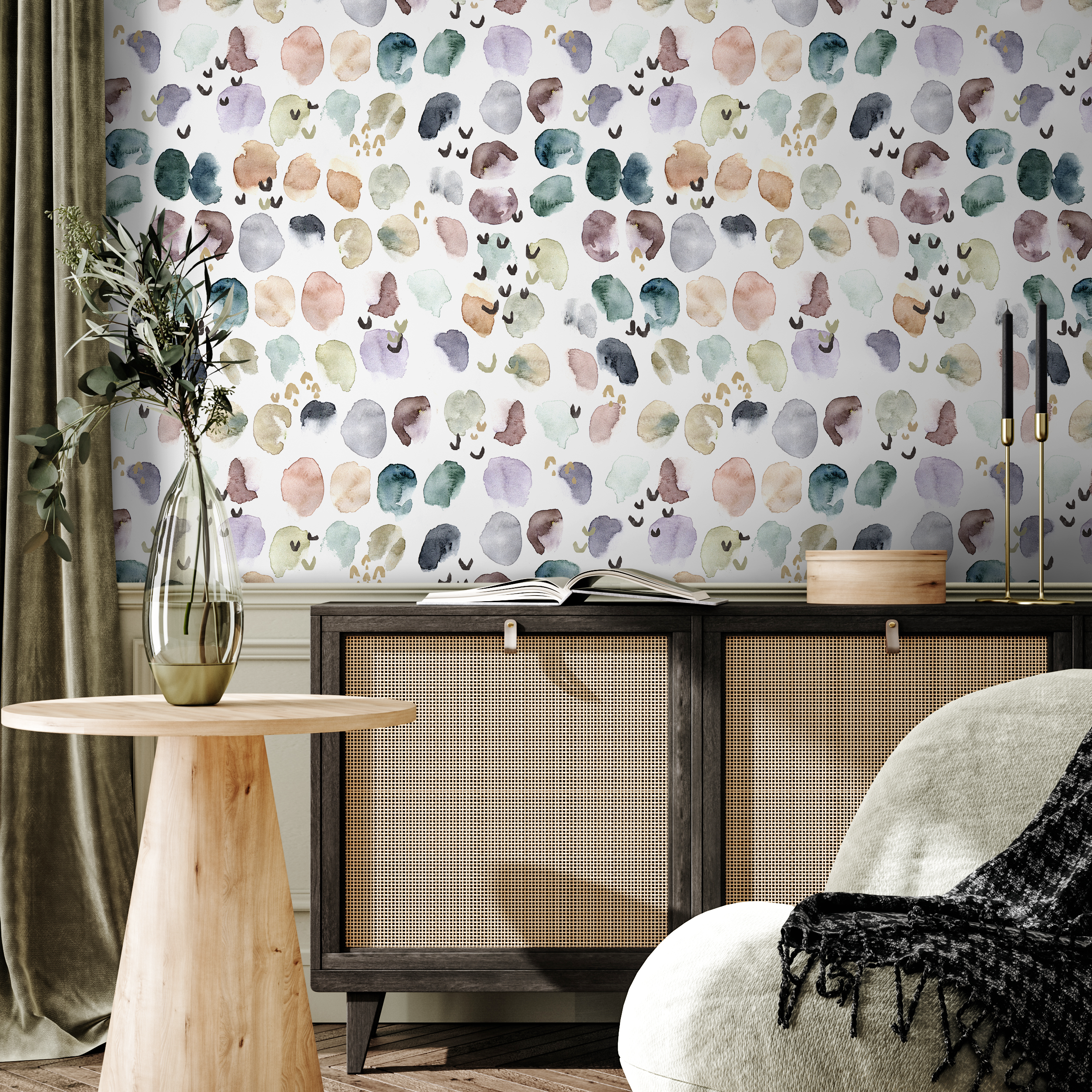 Abstract Wallpaper With Painterly Watercolor Spots In Green, Pink, And Purple - A356