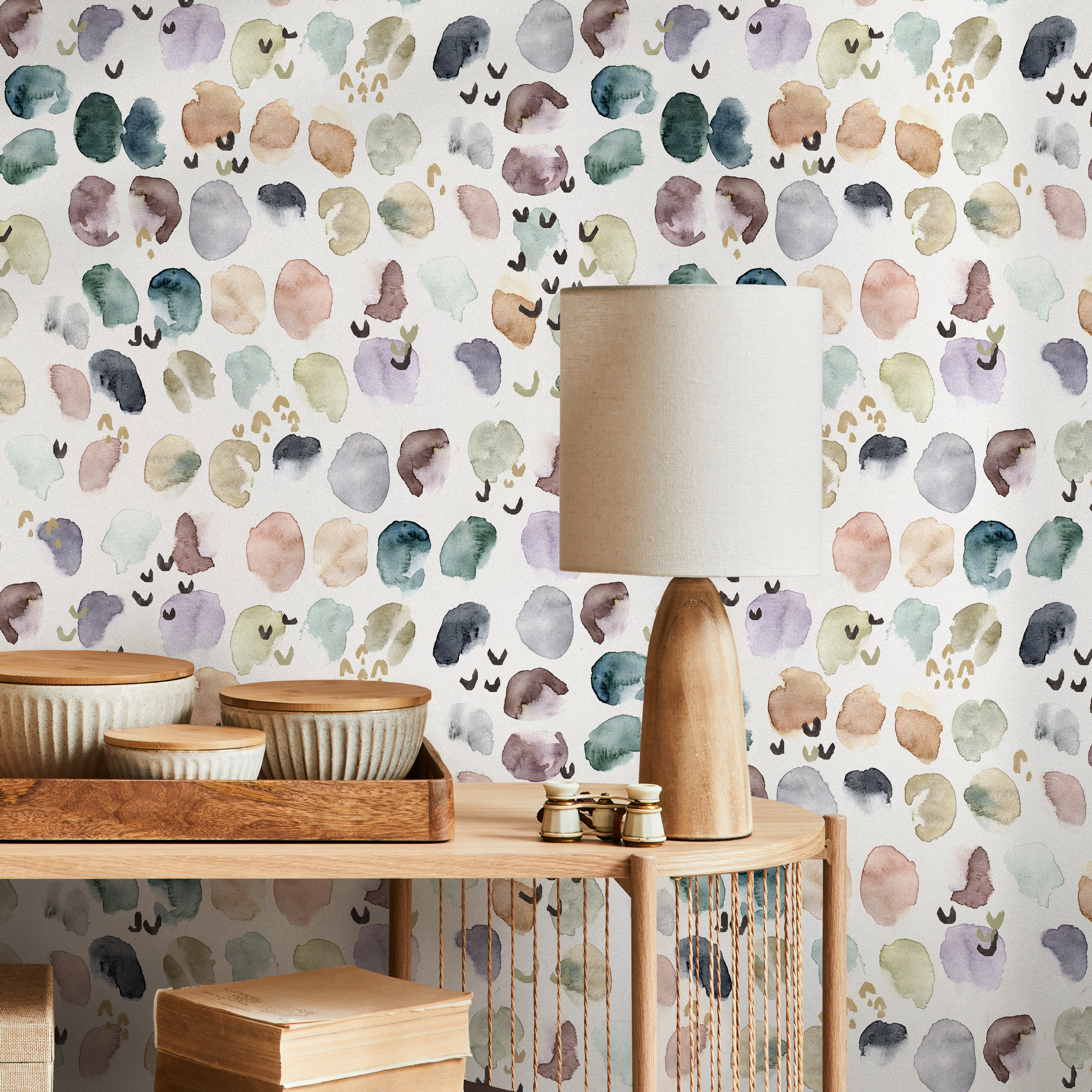 Abstract Wallpaper With Painterly Watercolor Spots In Green, Pink, And Purple - A356