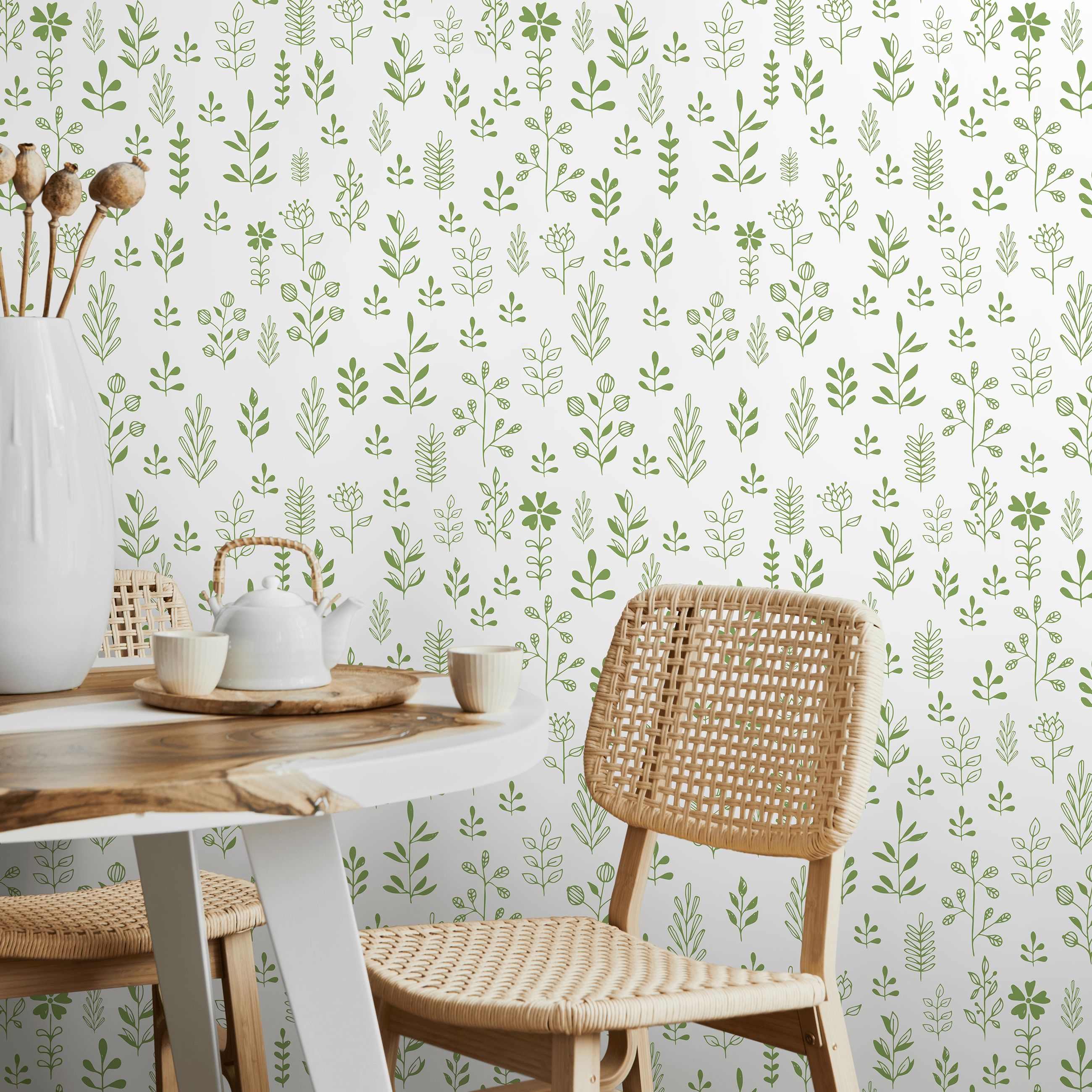 Botanical Wallpaper With Hand-drawn Sprigs In Green - A365
