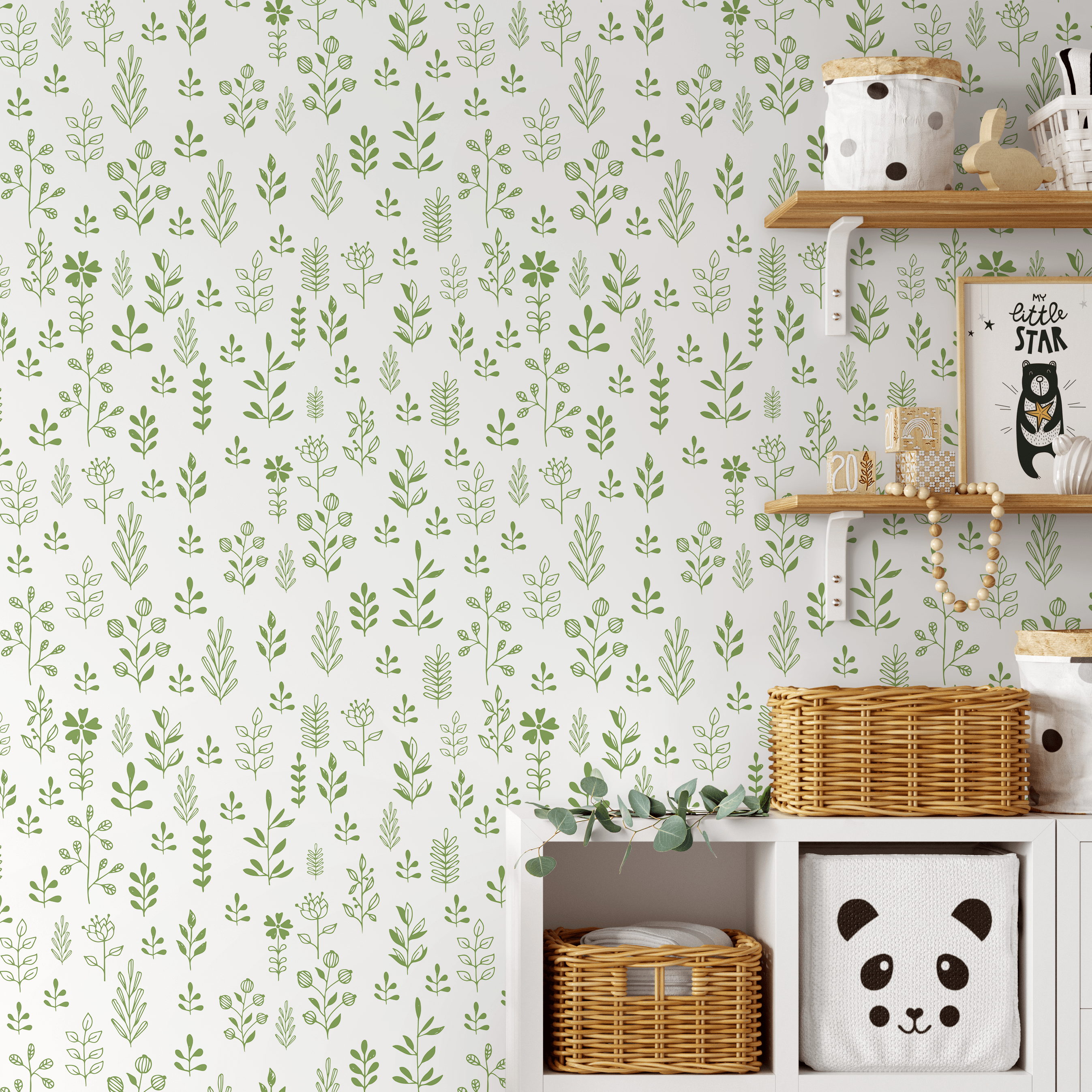 Botanical Wallpaper With Hand-drawn Sprigs In Green - A365