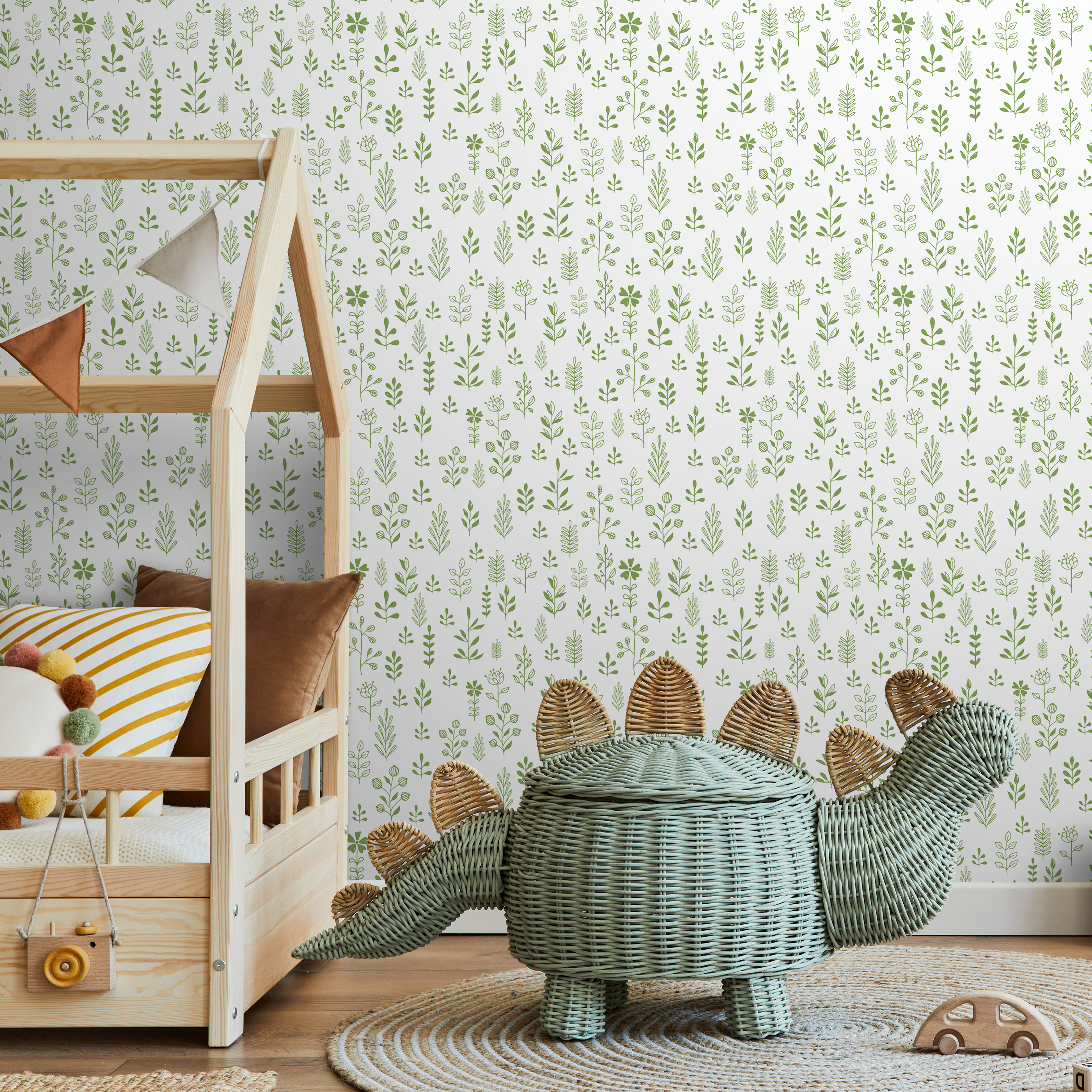Botanical Wallpaper With Hand-drawn Sprigs In Green - A365