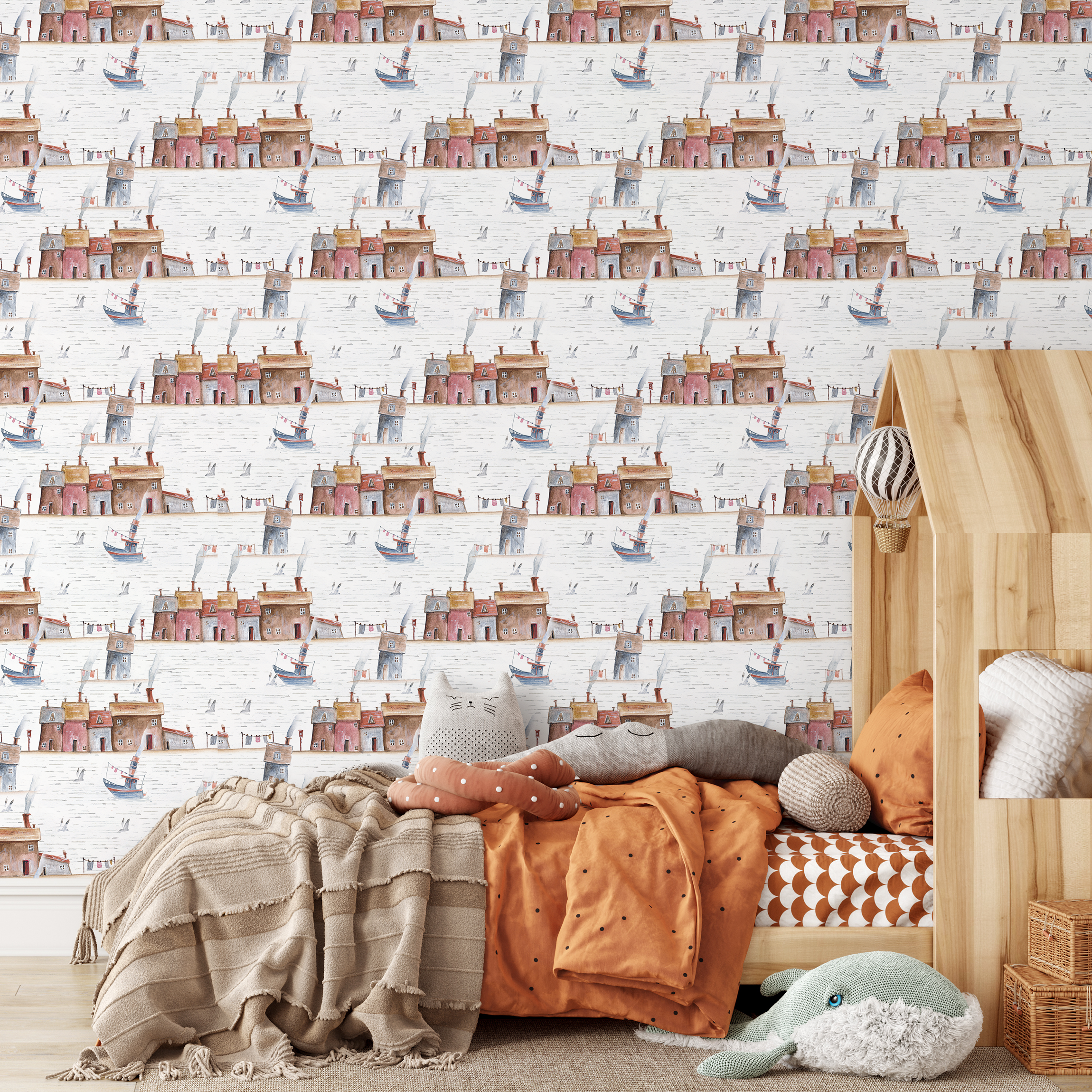 Nautical Wallpaper With A Watercolor Seaside Village In Brown, Red, And Blue - A376