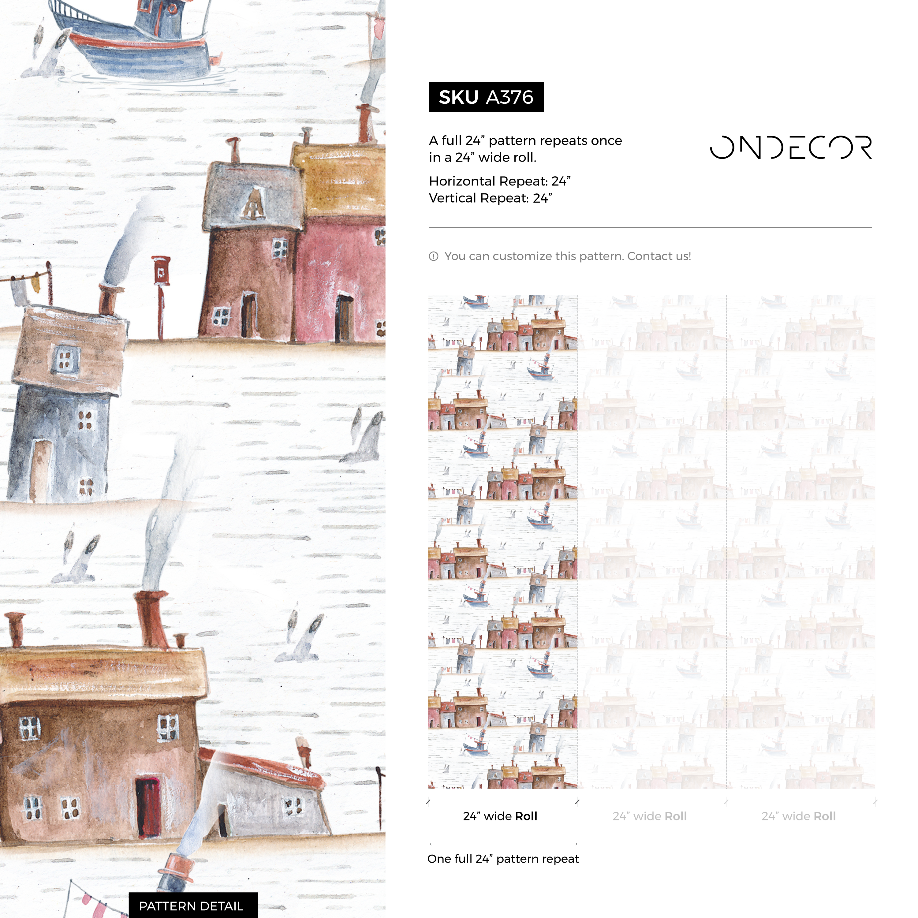 Nautical Wallpaper With A Watercolor Seaside Village In Brown, Red, And Blue - A376