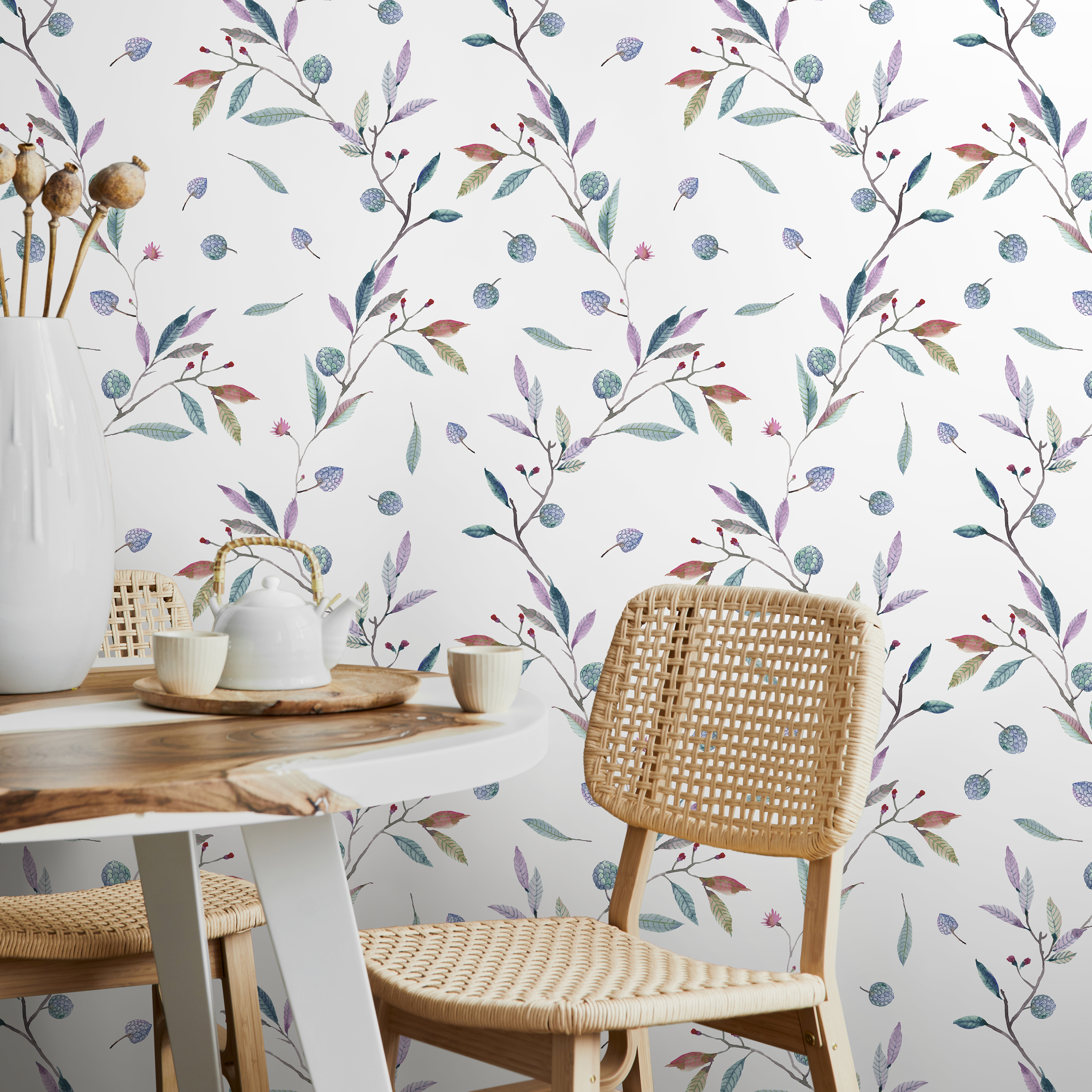 Botanical Wallpaper Featuring Watercolor Berry Vines In Green And Purple - A391