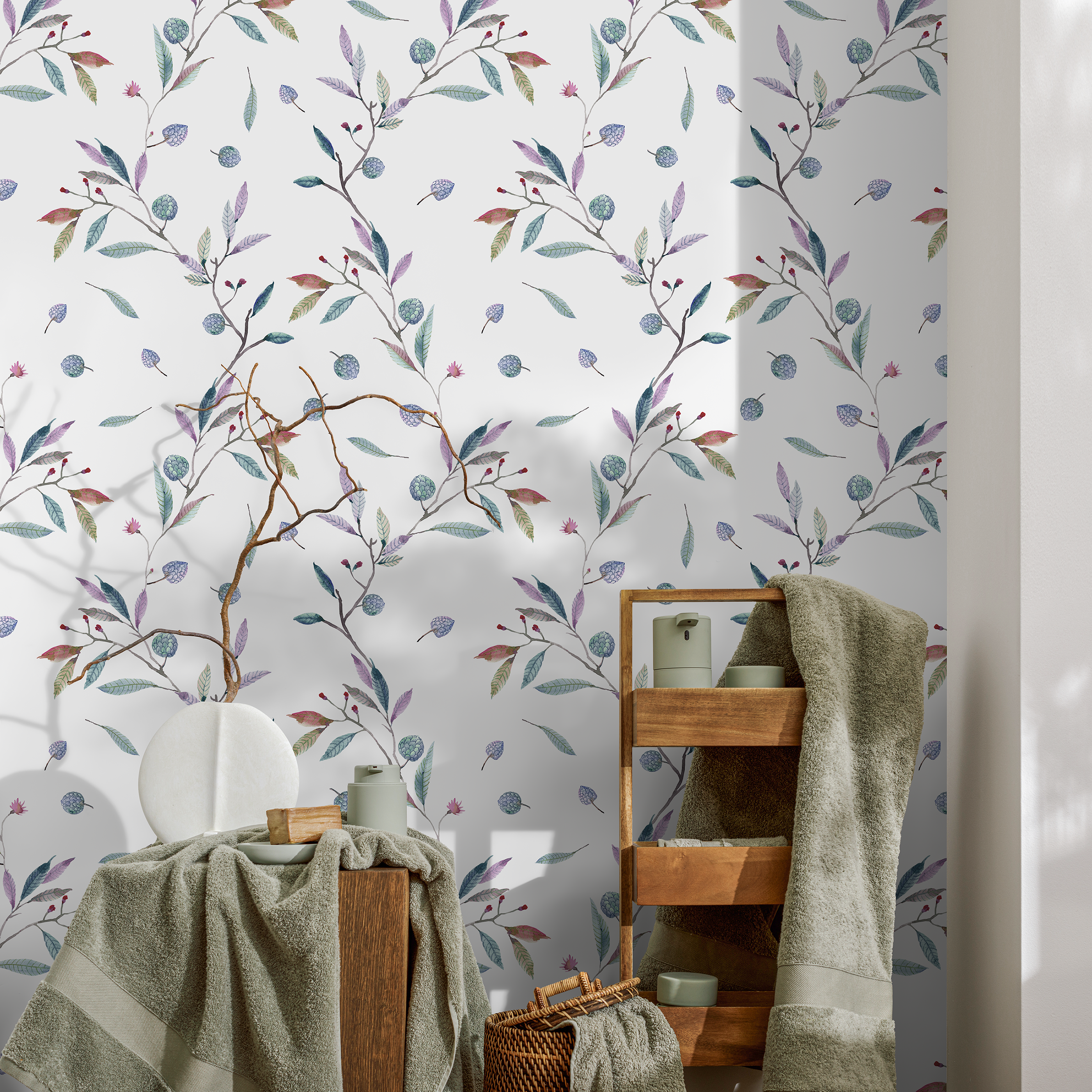 Botanical Wallpaper Featuring Watercolor Berry Vines In Green And Purple - A391