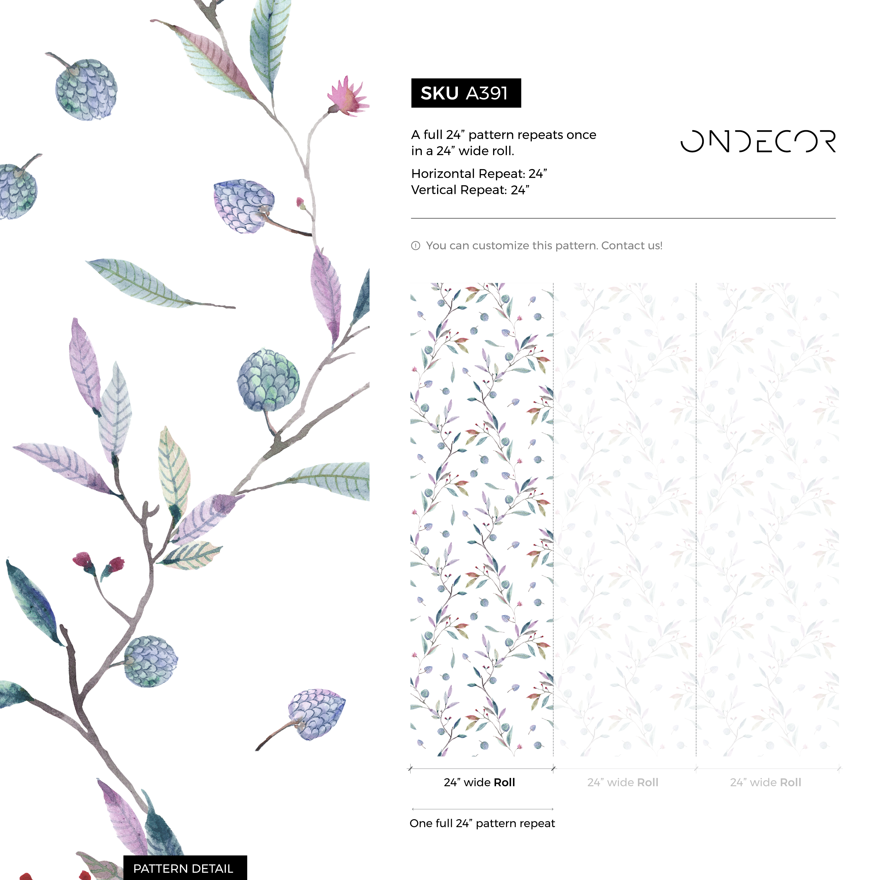 Botanical Wallpaper Featuring Watercolor Berry Vines In Green And Purple - A391