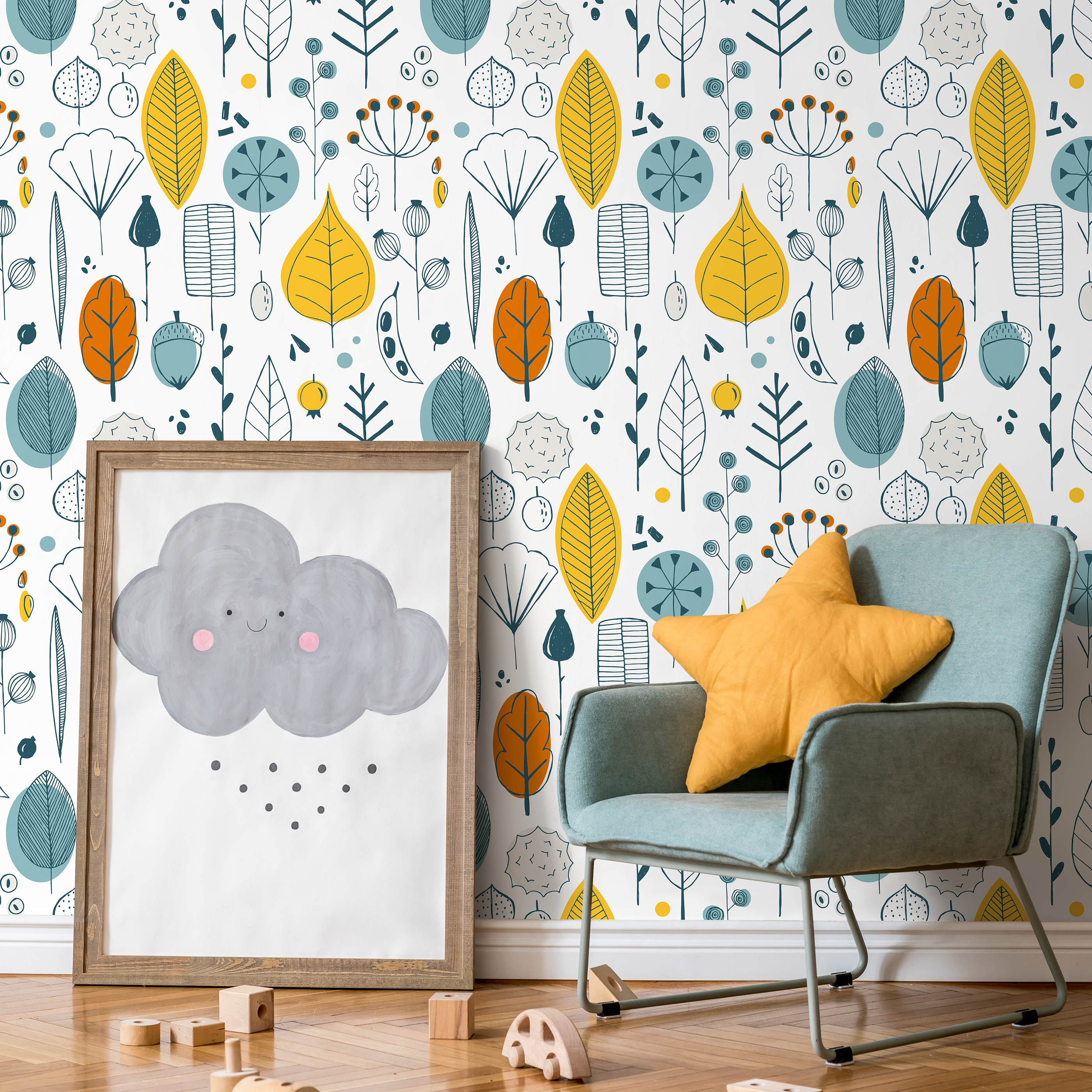Scandinavian Wallpaper With A Woodland Motif In Teal, Yellow, And Orange - A398