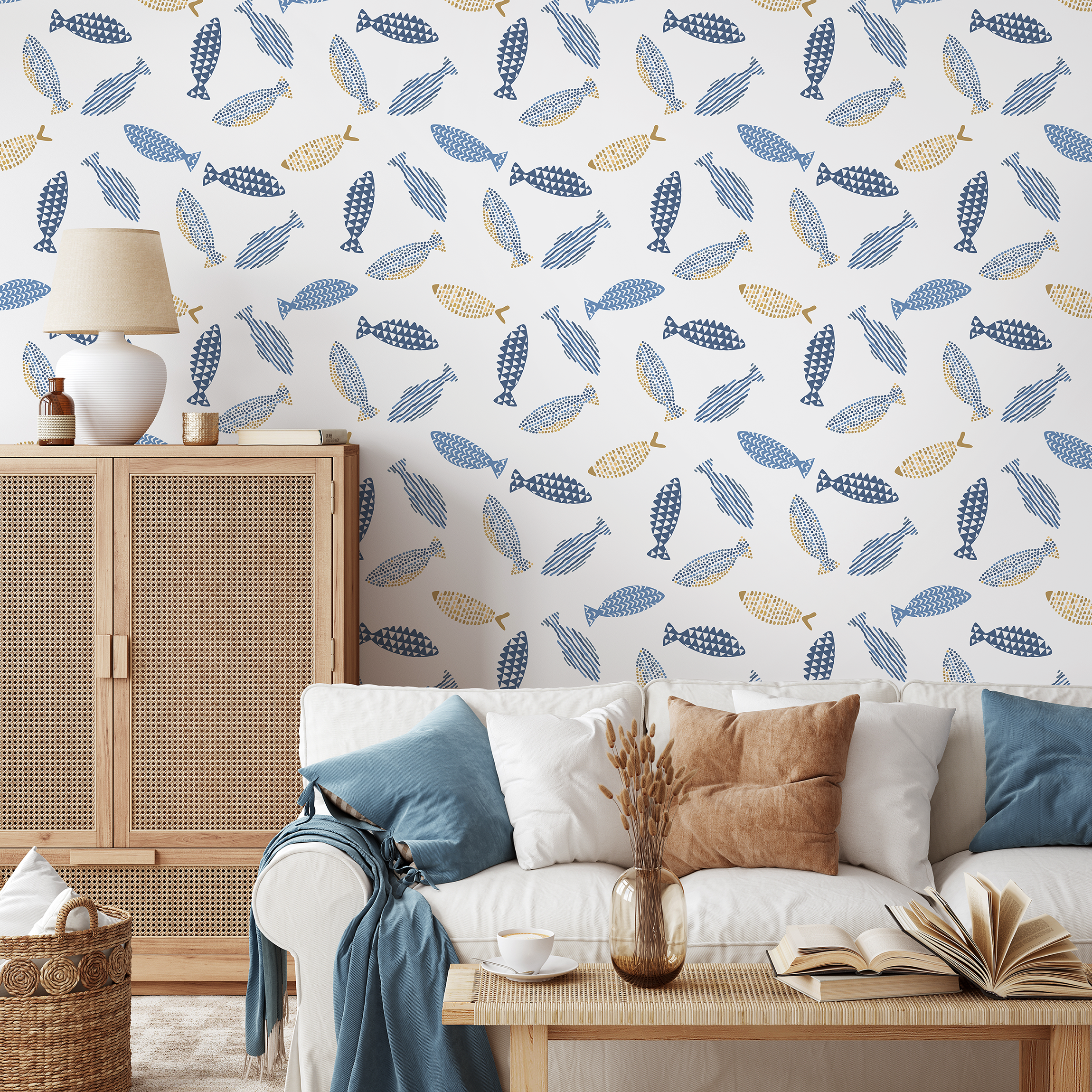 Scandinavian Wallpaper With A Minimalist Fish Motif In Blue And Gold - A409
