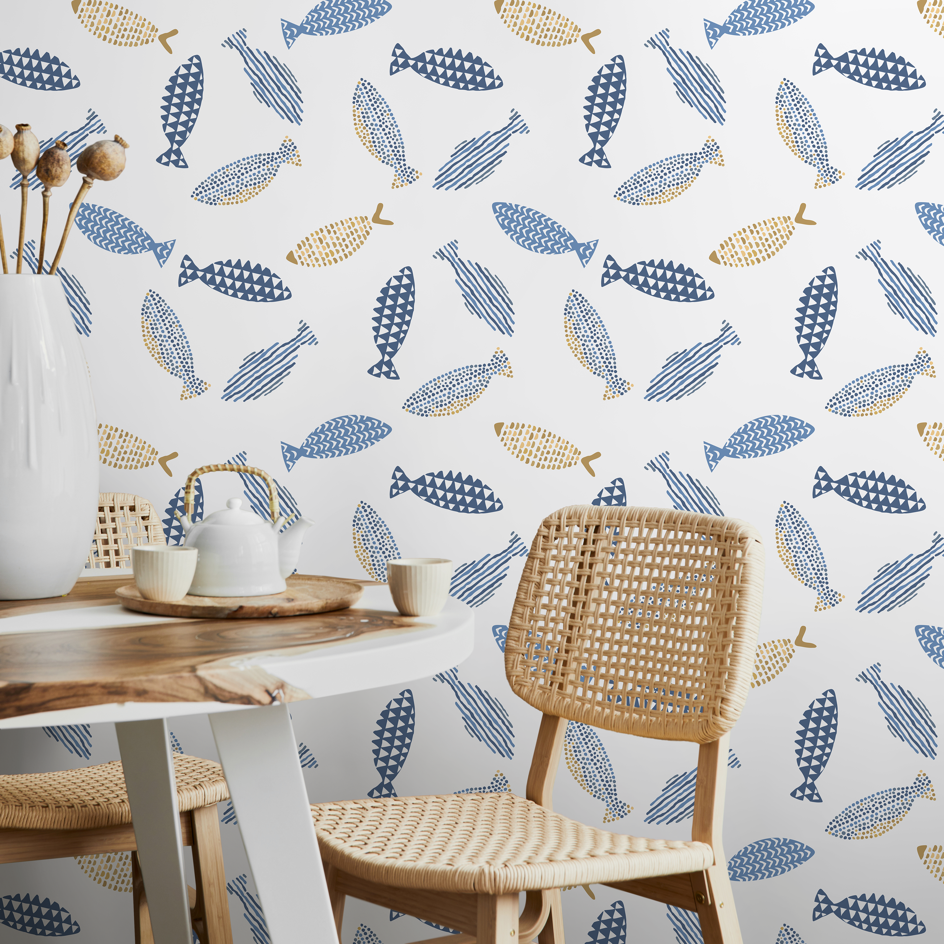 Scandinavian Wallpaper With A Minimalist Fish Motif In Blue And Gold - A409
