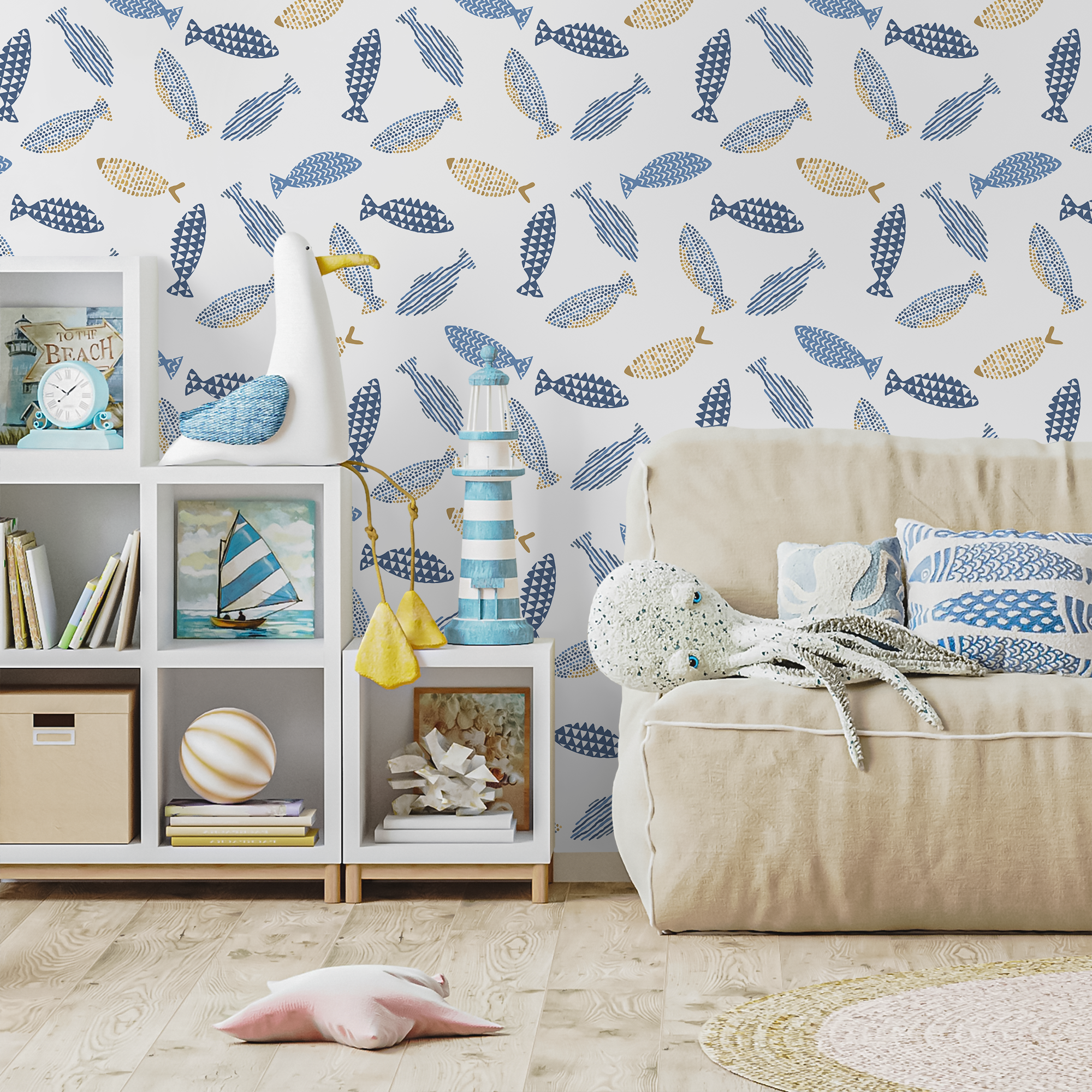Scandinavian Wallpaper With A Minimalist Fish Motif In Blue And Gold - A409