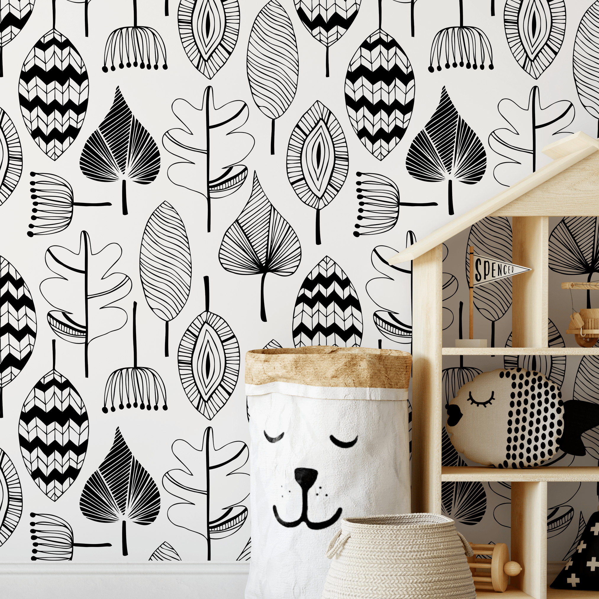 Scandinavian Wallpaper Featuring Abstract Foliage In Black And White - A411