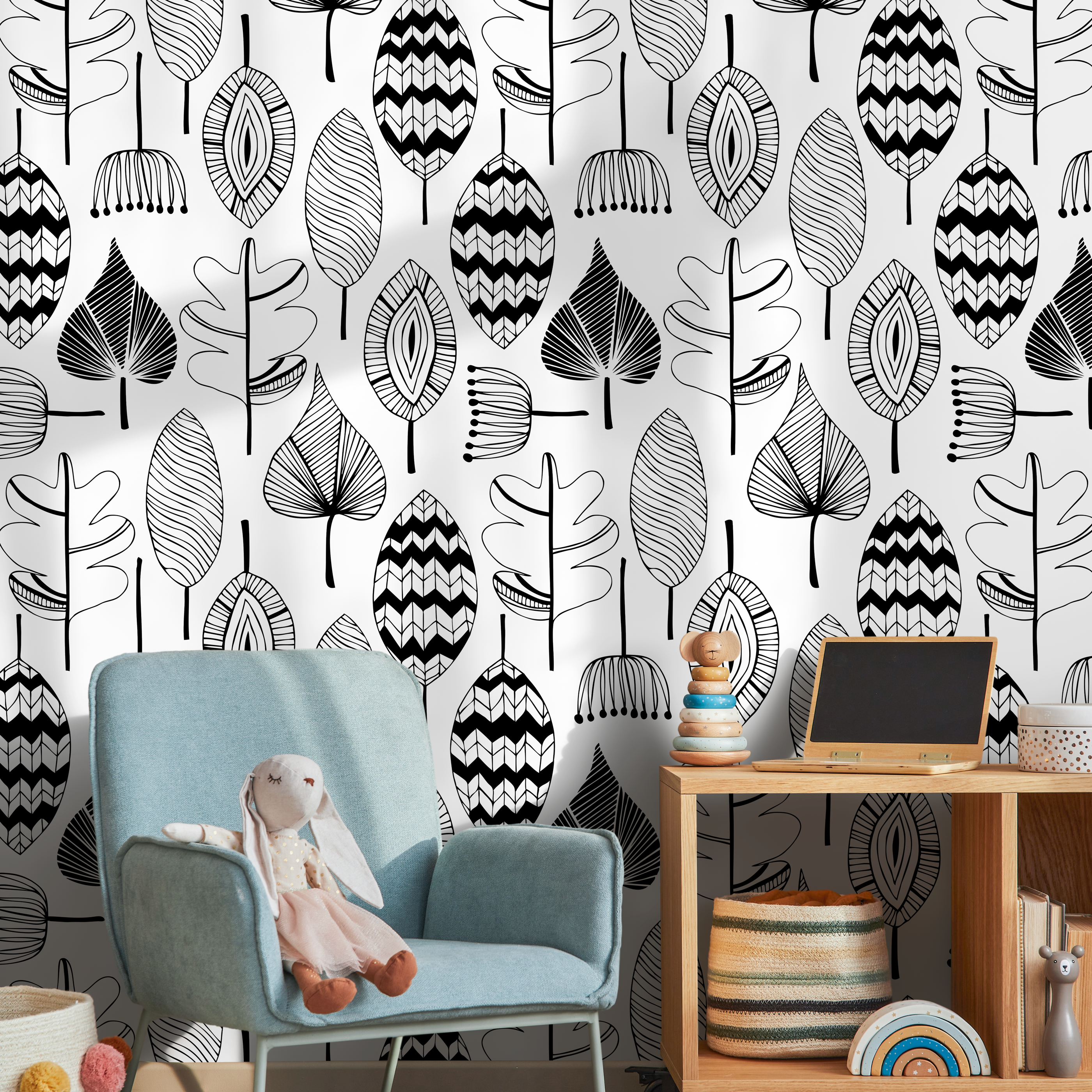 Scandinavian Wallpaper Featuring Abstract Foliage In Black And White - A411