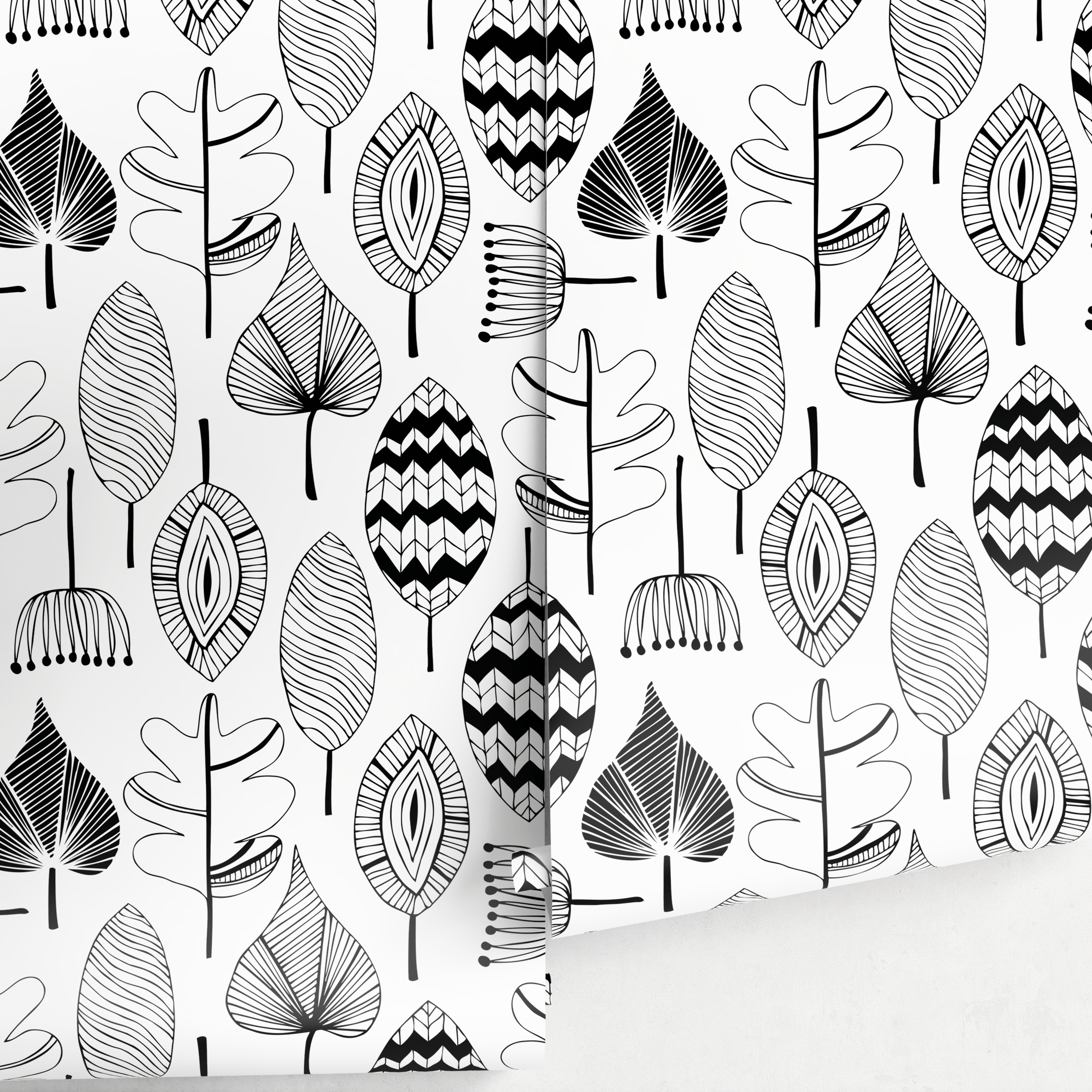 Scandinavian Wallpaper Featuring Abstract Foliage In Black And White - A411