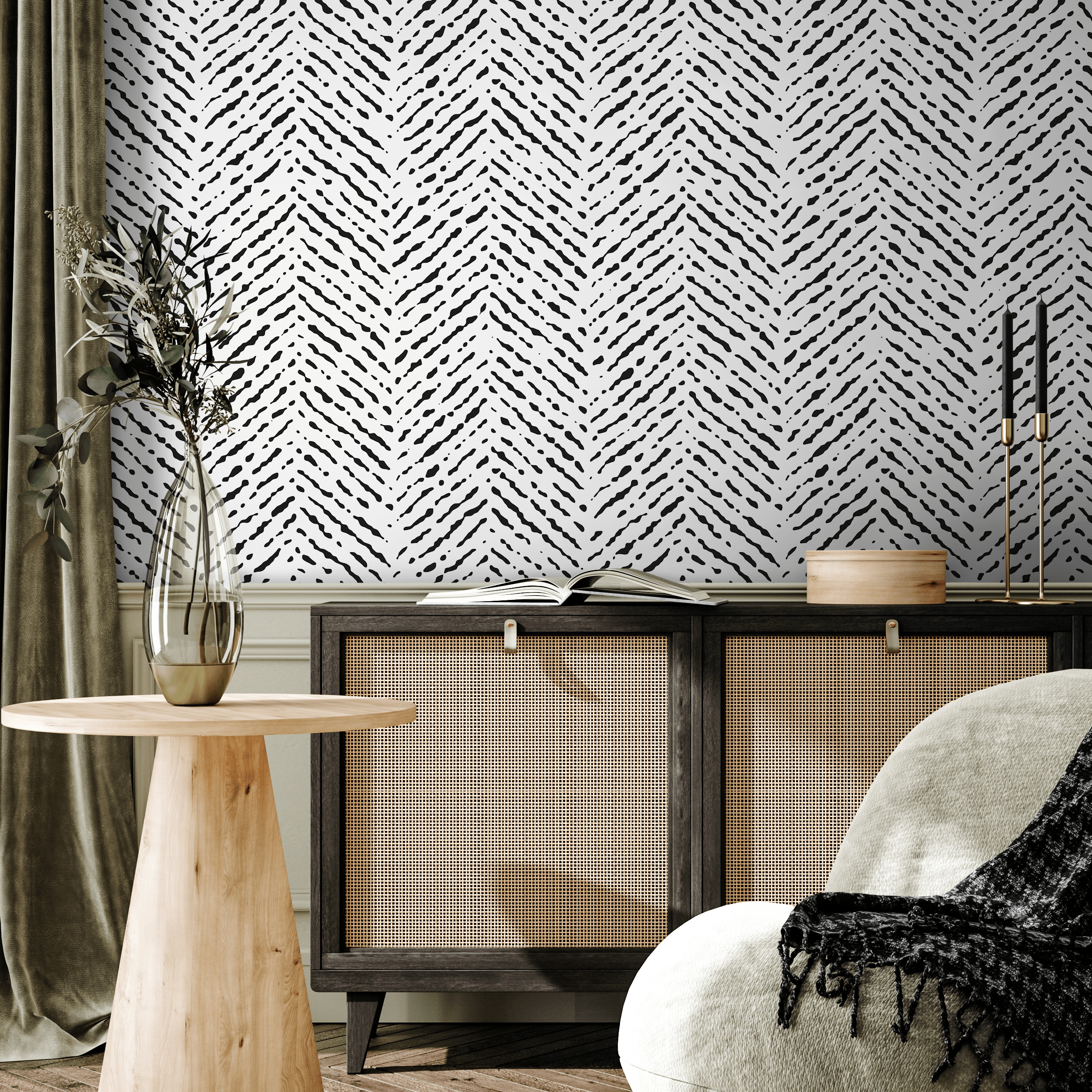 Scandinavian Wallpaper With A Hand-drawn Herringbone Motif In Black And White - A421