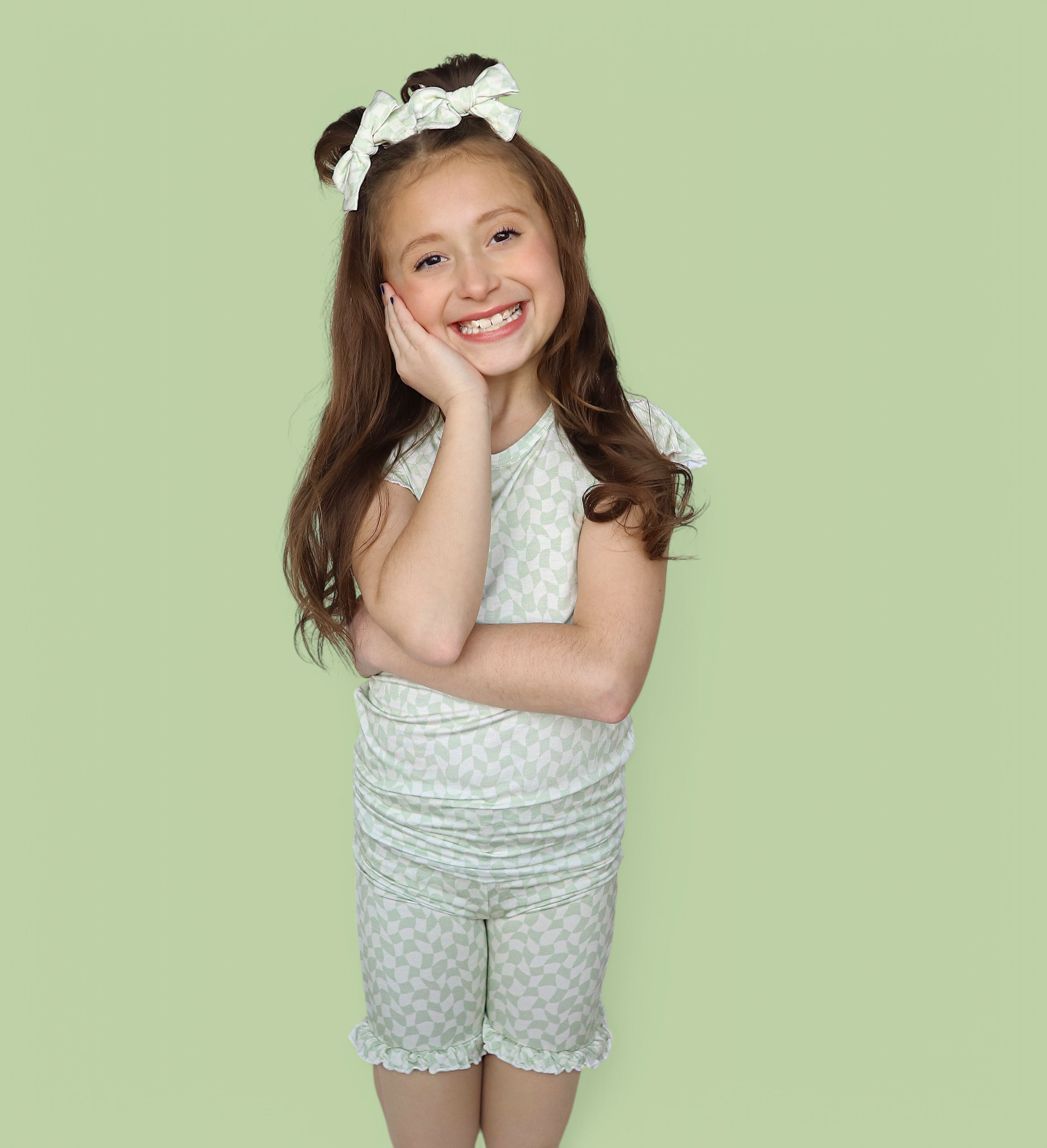 Sage Wavy Checkers Dream Ruffle Short Set