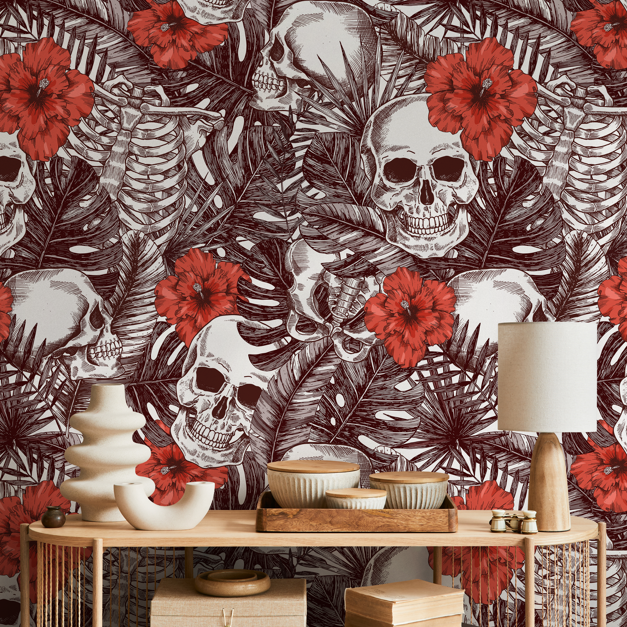 Gothic Wallpaper With Tropical Skulls And Hibiscus Flowers In Brown And Red - A445