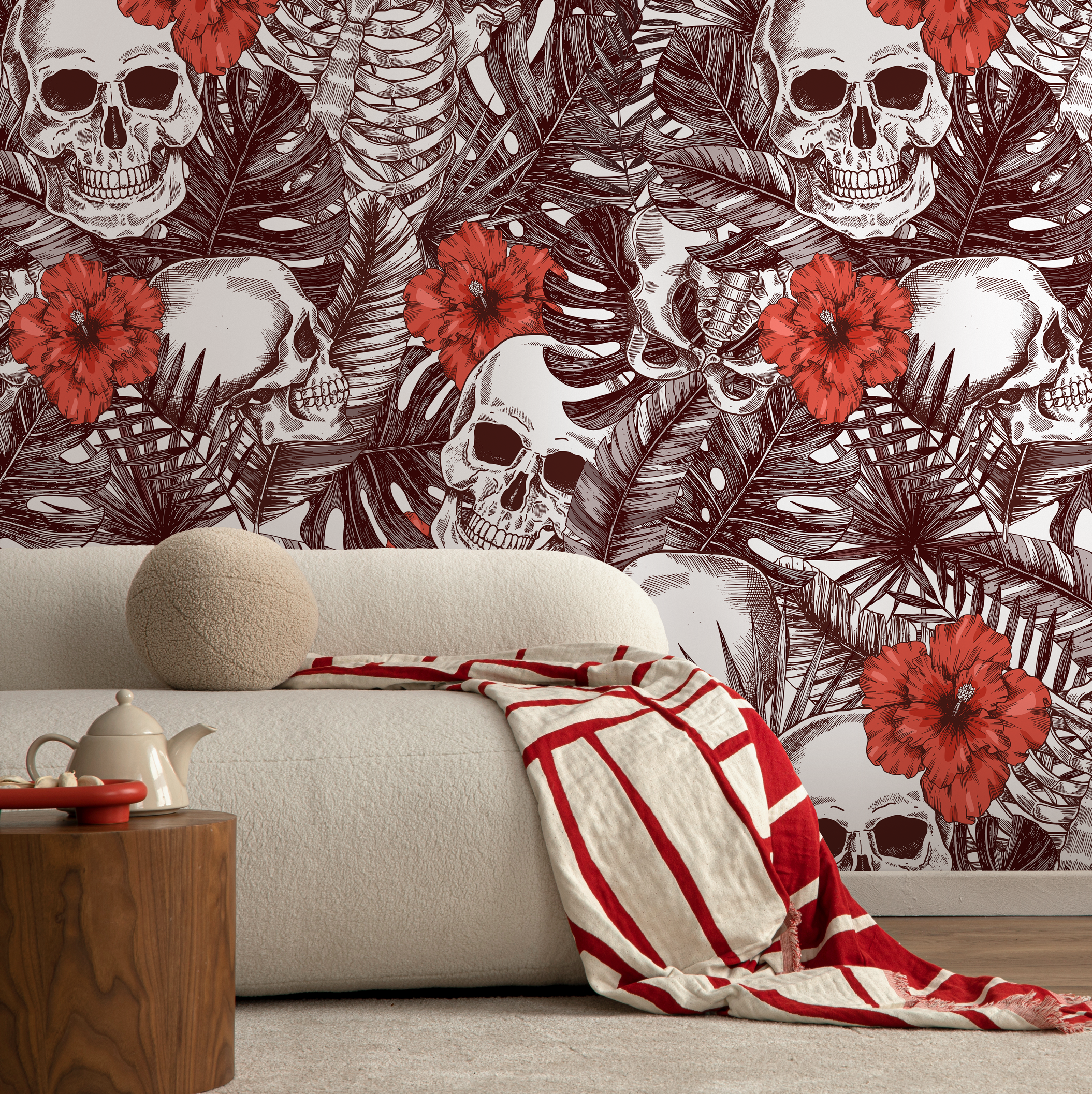 Gothic Wallpaper With Tropical Skulls And Hibiscus Flowers In Brown And Red - A445