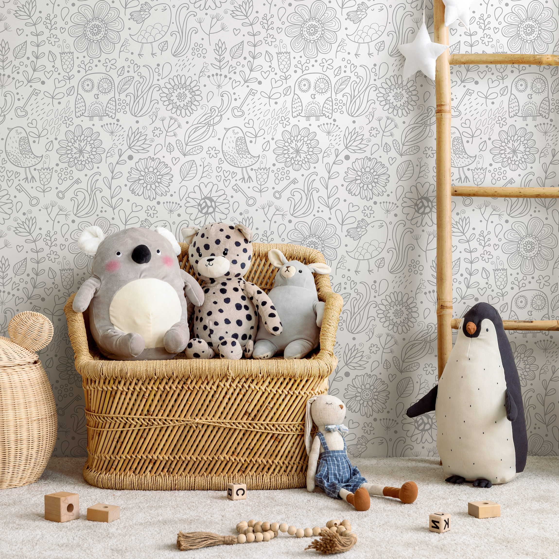 Scandinavian Wallpaper With Hand-drawn Florals And Animals In Gray - A452